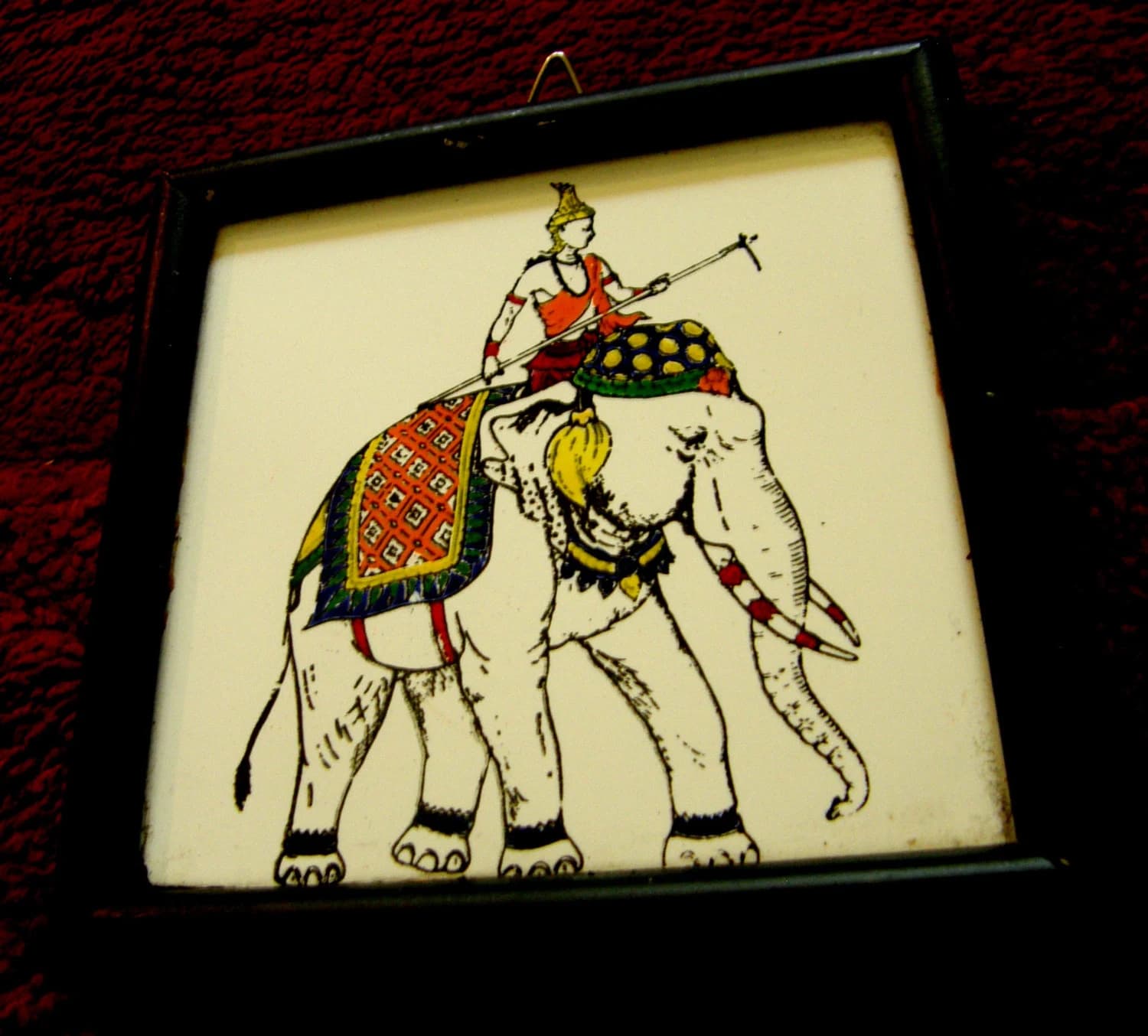 Original Oriental Miniature Oil Painting - Exquisite Hand Painted Ceramic Tile - Nobleman or a warrior on the back of an elephant - image 2