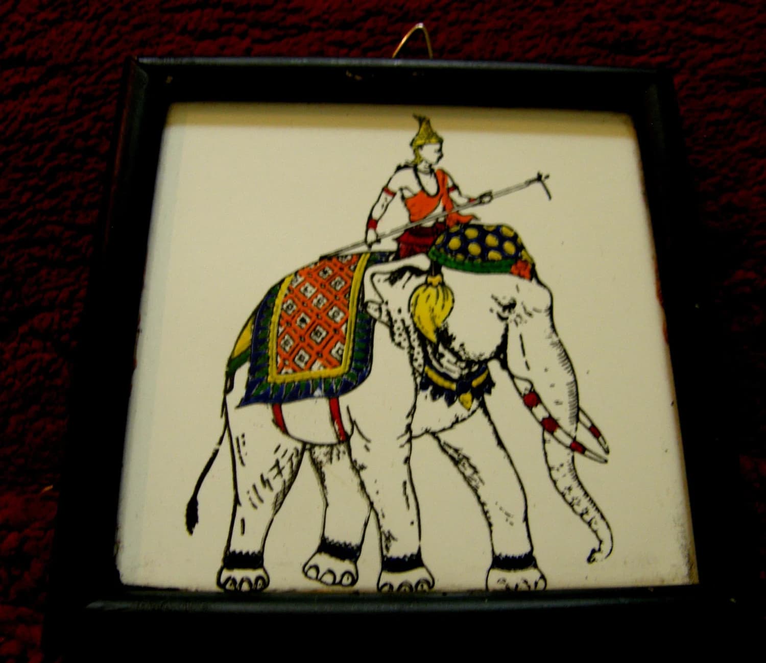 Original Oriental Miniature Oil Painting - Exquisite Hand Painted Ceramic Tile - Nobleman or a warrior on the back of an elephant - image 4