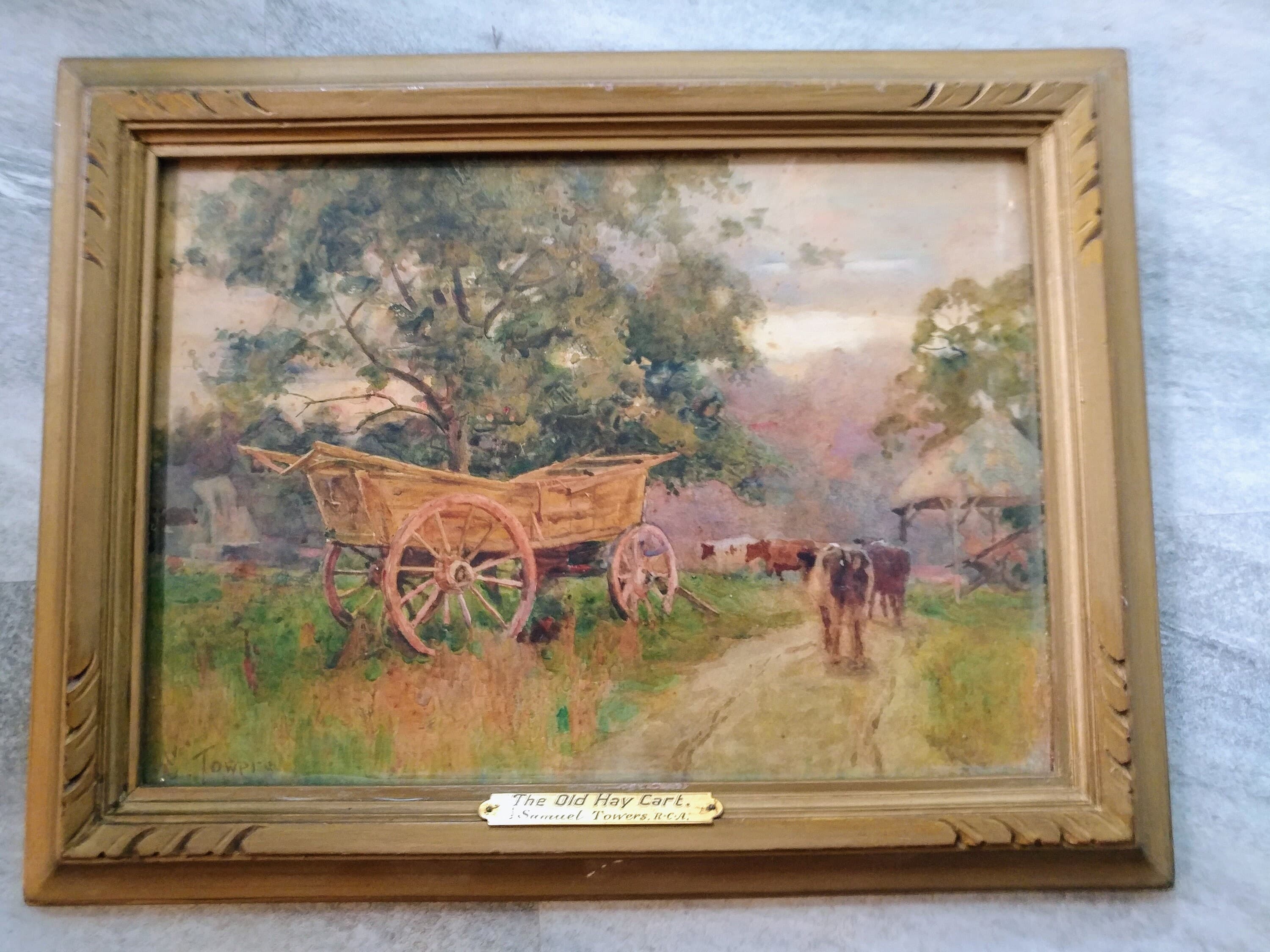 Original Antique Samuel Towers British (1862-1943) ”The old hay cart”  watercolor Signed  landscape Painting inside Antique frame - image 5