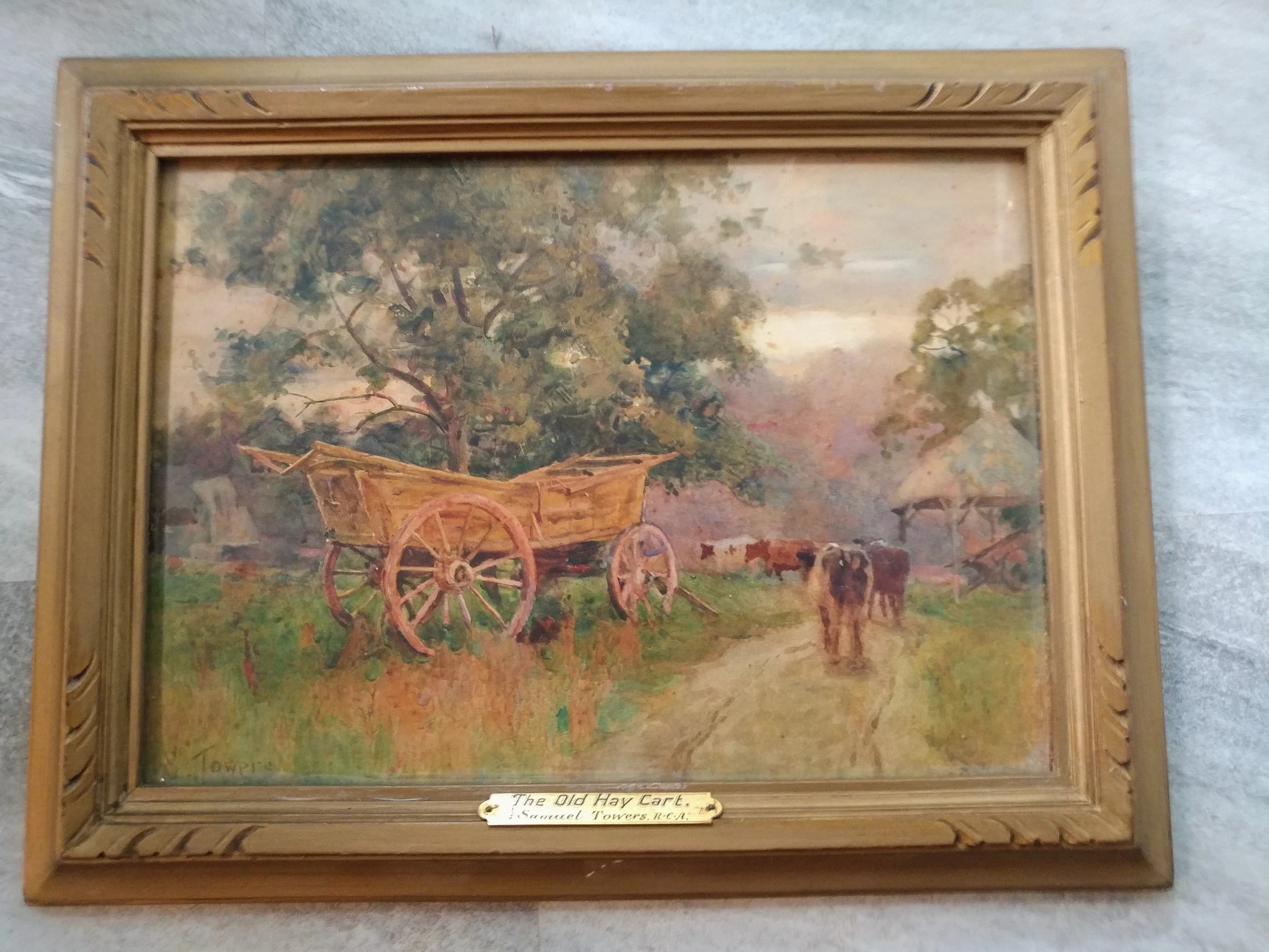 Original Antique Samuel Towers British (1862-1943) ”The old hay cart”  watercolor Signed  landscape Painting inside Antique frame