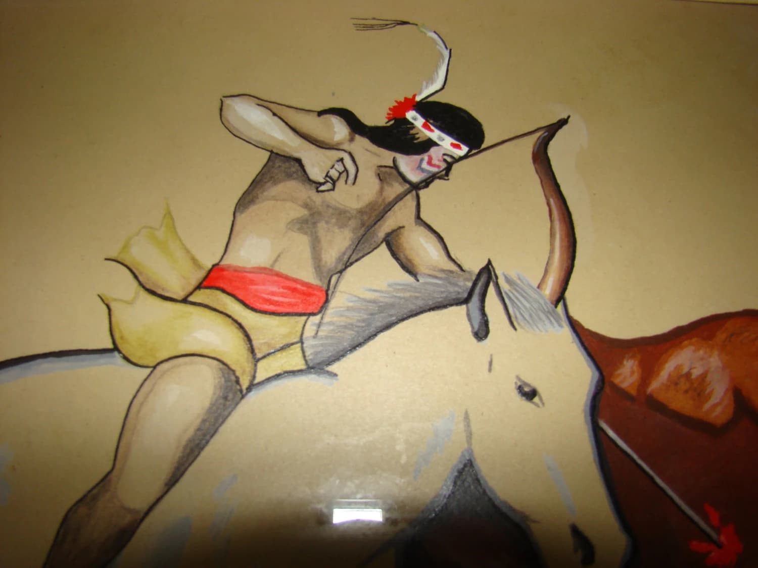 ORIGINAL American West Drawing Painting on paper of an American Indian on horseback engaged in a bullfight, - UNUSUAL RARE Signed 1965 - image 5