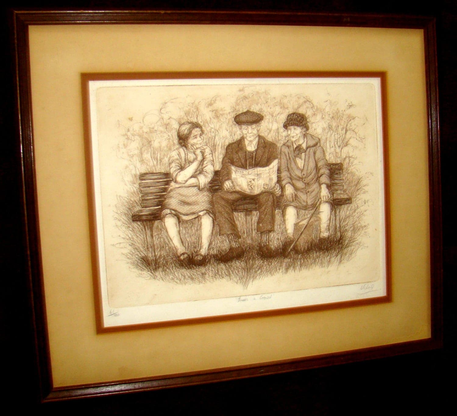 Mary Vickers Limited Edition 61/100 Vintage Original British Genre Scene  Etching "Three's a crowd"  - Hand Signed