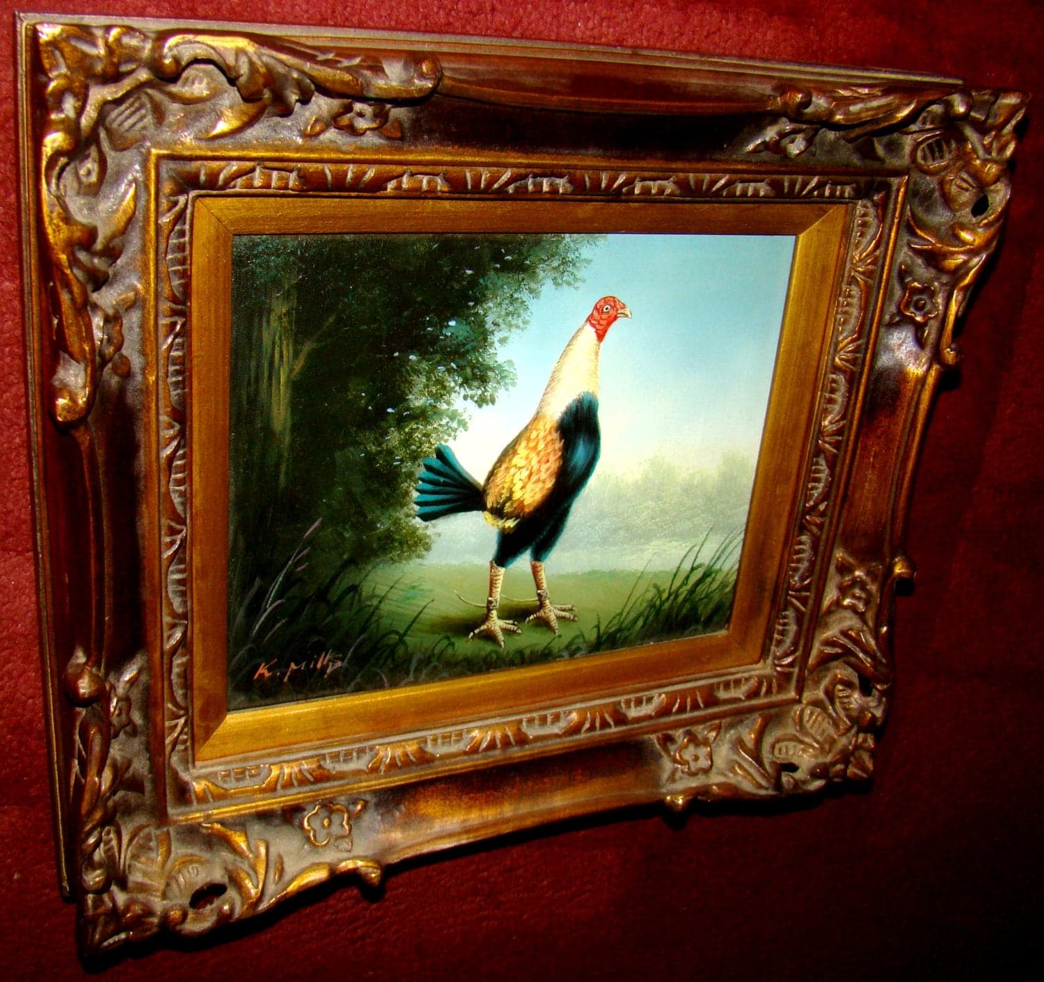 Signed K Mills Original Oil on Canvas Painting – Landscape Bird Art - Elaborate  Antique style Shadowbox Frame - High End Interior Décor