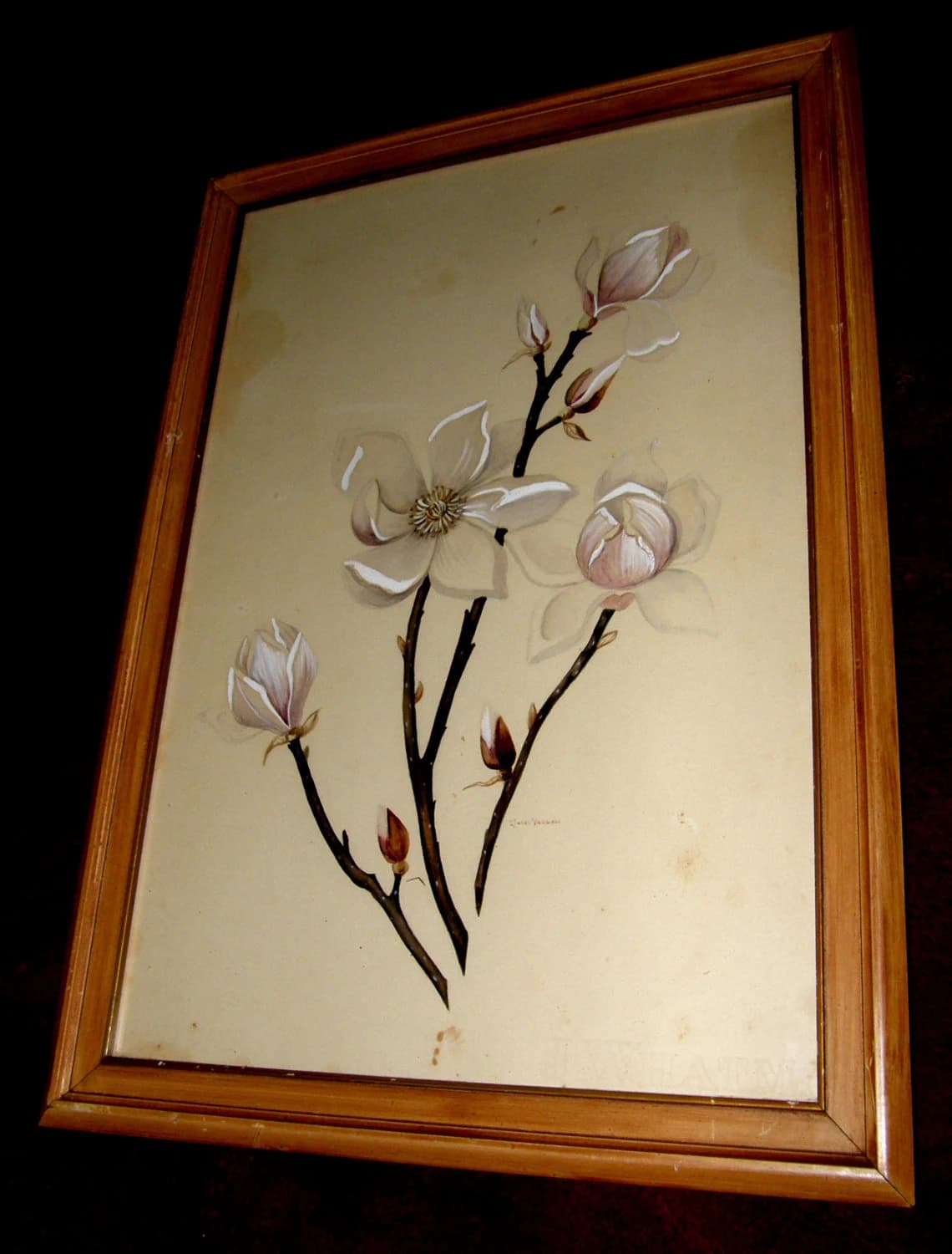 Original Antique Watercolor Painting - Large Signed Botanical Floral Blossoms Watercolor