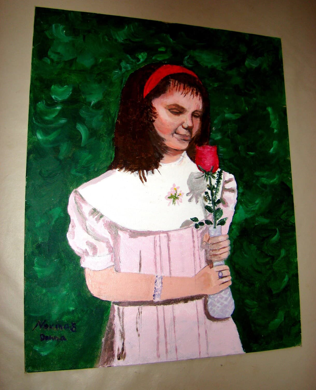 Original Oil on Canvas Artist Board Portrait Painting of a Girl with a Beautiful Rose, signed by the artist - image 3