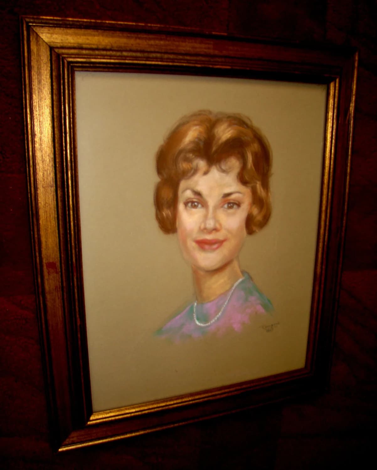 Portrait Painting of a Pretty Lady - Girl with a Pearl Necklace - Signed Rossignol and Dated 1967 - Authentic Original Vintage Mid-Century