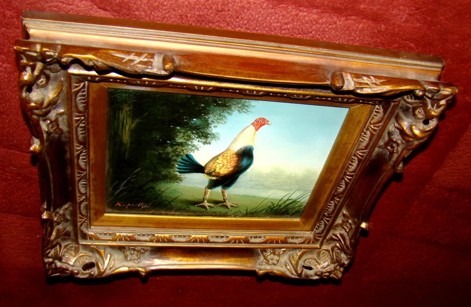 Signed K Mills Original Oil on Canvas Painting – Landscape Bird Art - Elaborate  Antique style Shadowbox Frame - High End Interior Décor - image 3
