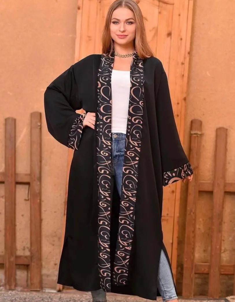 Long Black Arabic Letters Abaya Kaftan Dress - image 3