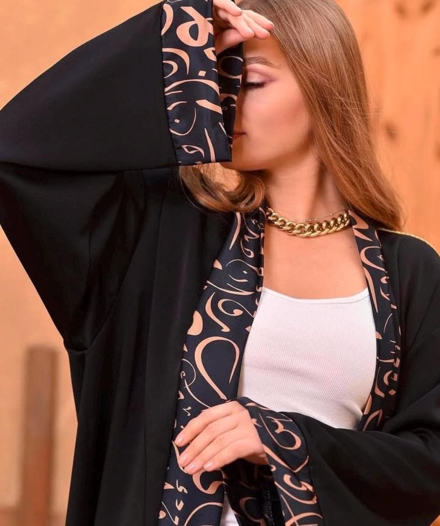 Long Black Arabic Letters Abaya Kaftan Dress - image 2