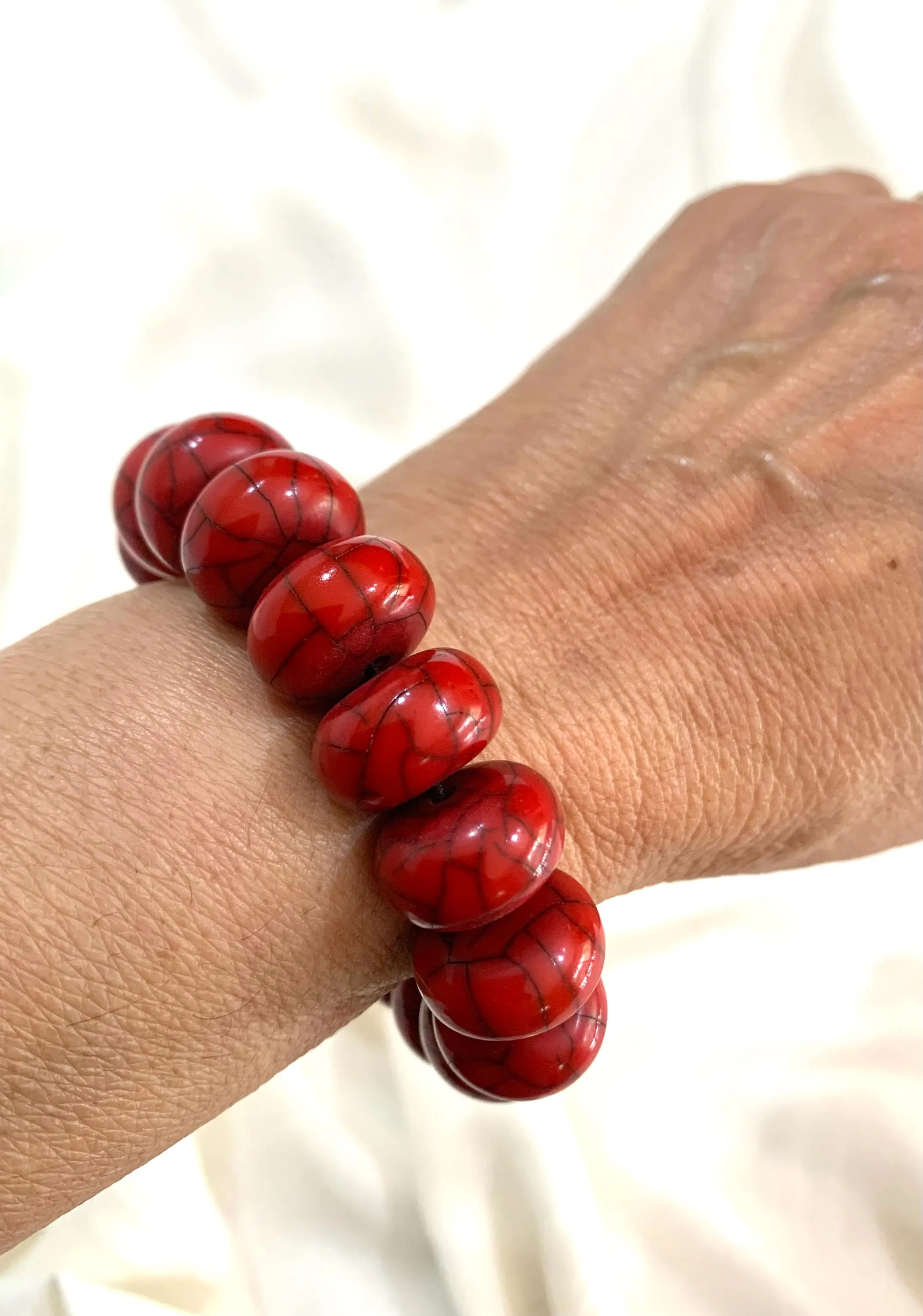 Red Chunky Statement Stretch Bracelet, Vibrant Red Veined Synthetic Turquoise Jewellery, Bohemian Coral Red Bead Gift for Her. - image 2