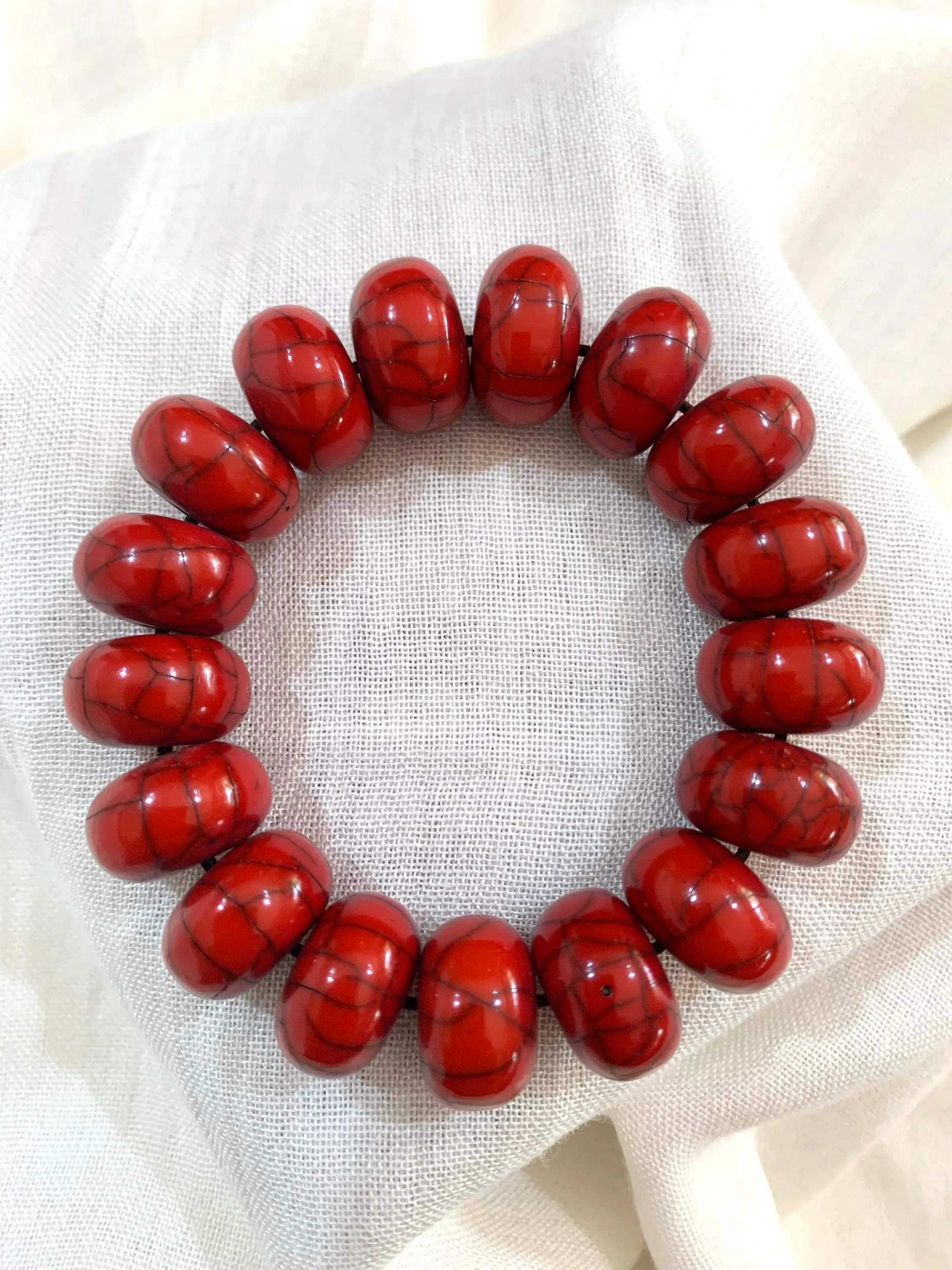 Red Chunky Statement Stretch Bracelet, Vibrant Red Veined Synthetic Turquoise Jewellery, Bohemian Coral Red Bead Gift for Her.