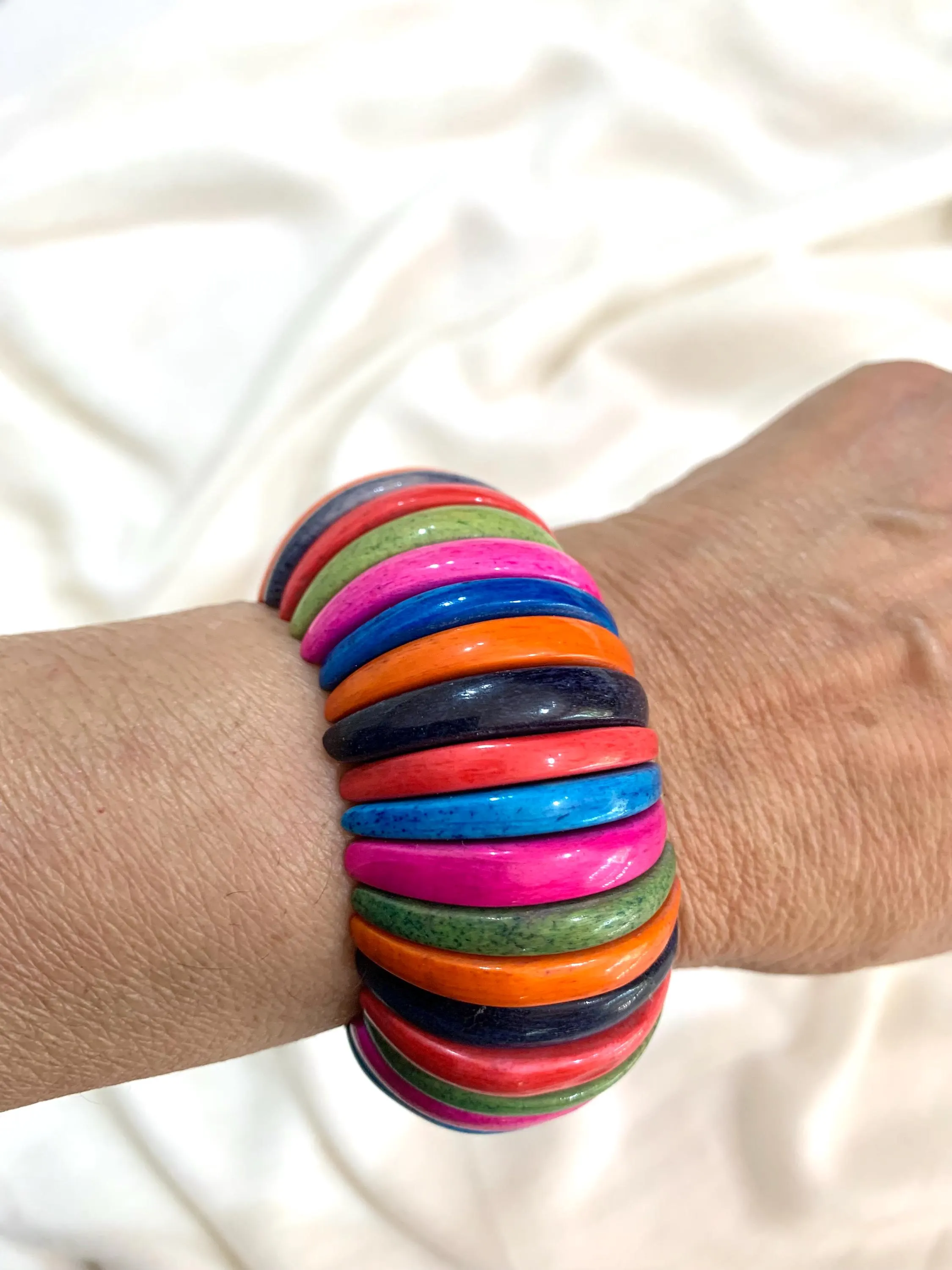 Colorful Hand Dyed Bone Stretch Bracelet, Vibrant Rainbow Disk Bead Wristlet, Boho Stacking Bracelet, Gift for Her - image 3