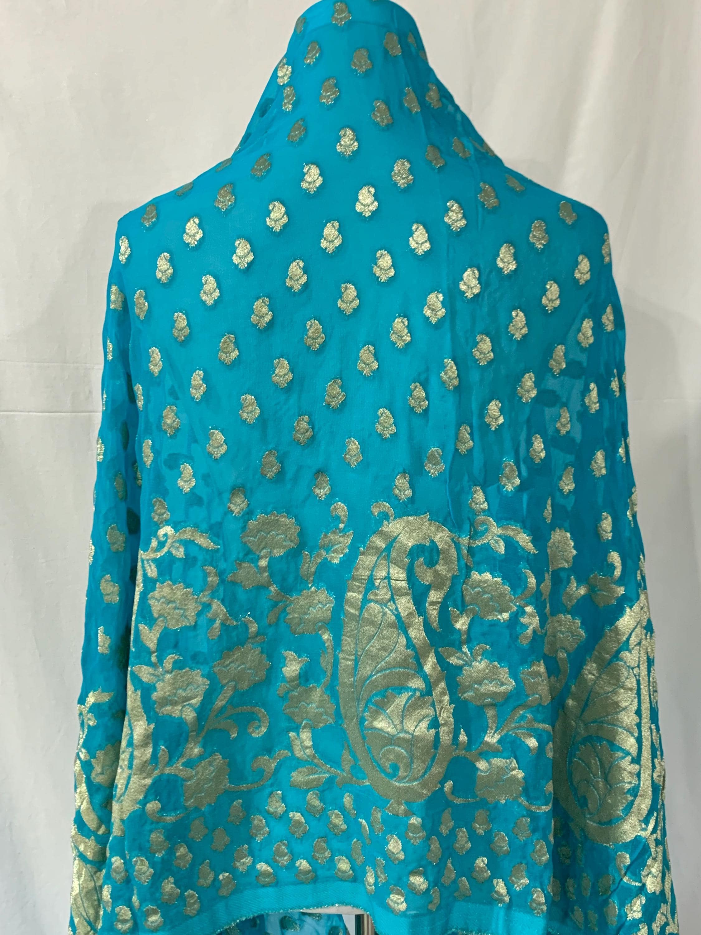 Extra wide Blue Fabric, Aqua Blue n gold Brocade Fabric, Soft Georgette Paisley fabric, Bordered fabric, formal wear Fabric, Sewing fabric. - image 3