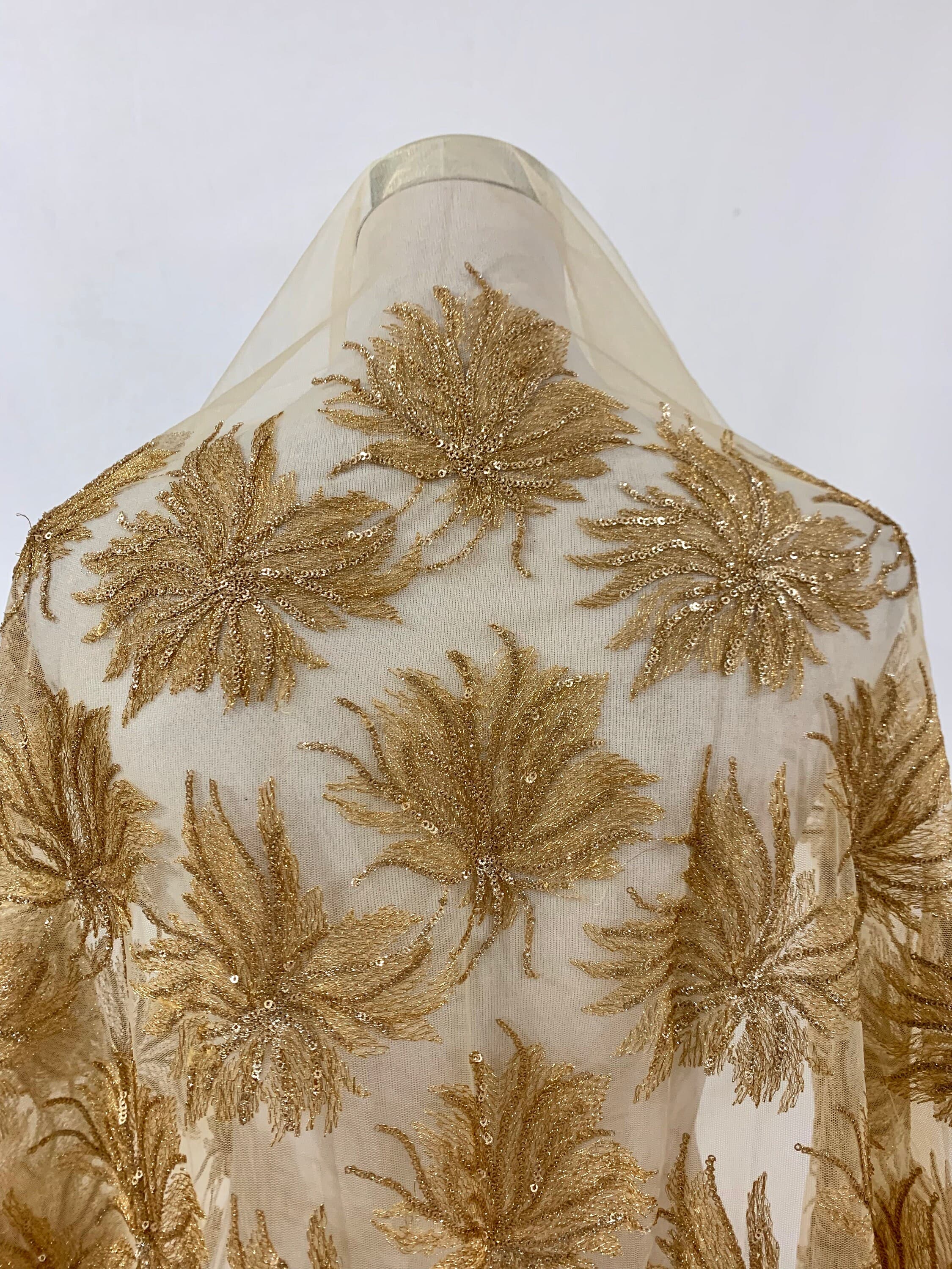 Golden Bridal Fabric, Champagne Gold Fabric, Embroidered Fabric,Golden Tulle Fabric,All over Floral Embroidery, Designer Formal wear Fabric.