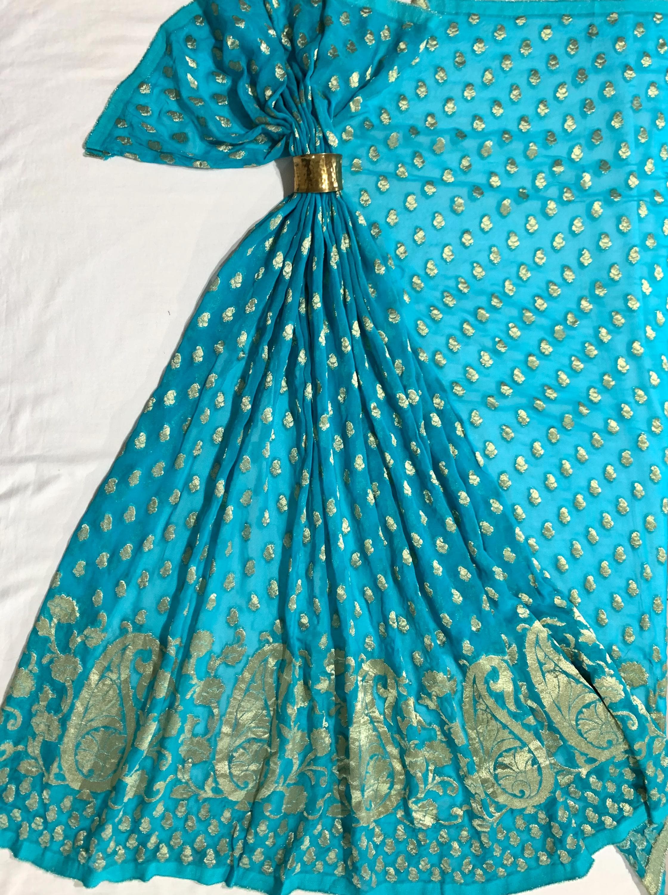 Extra wide Blue Fabric, Aqua Blue n gold Brocade Fabric, Soft Georgette Paisley fabric, Bordered fabric, formal wear Fabric, Sewing fabric. - image 5