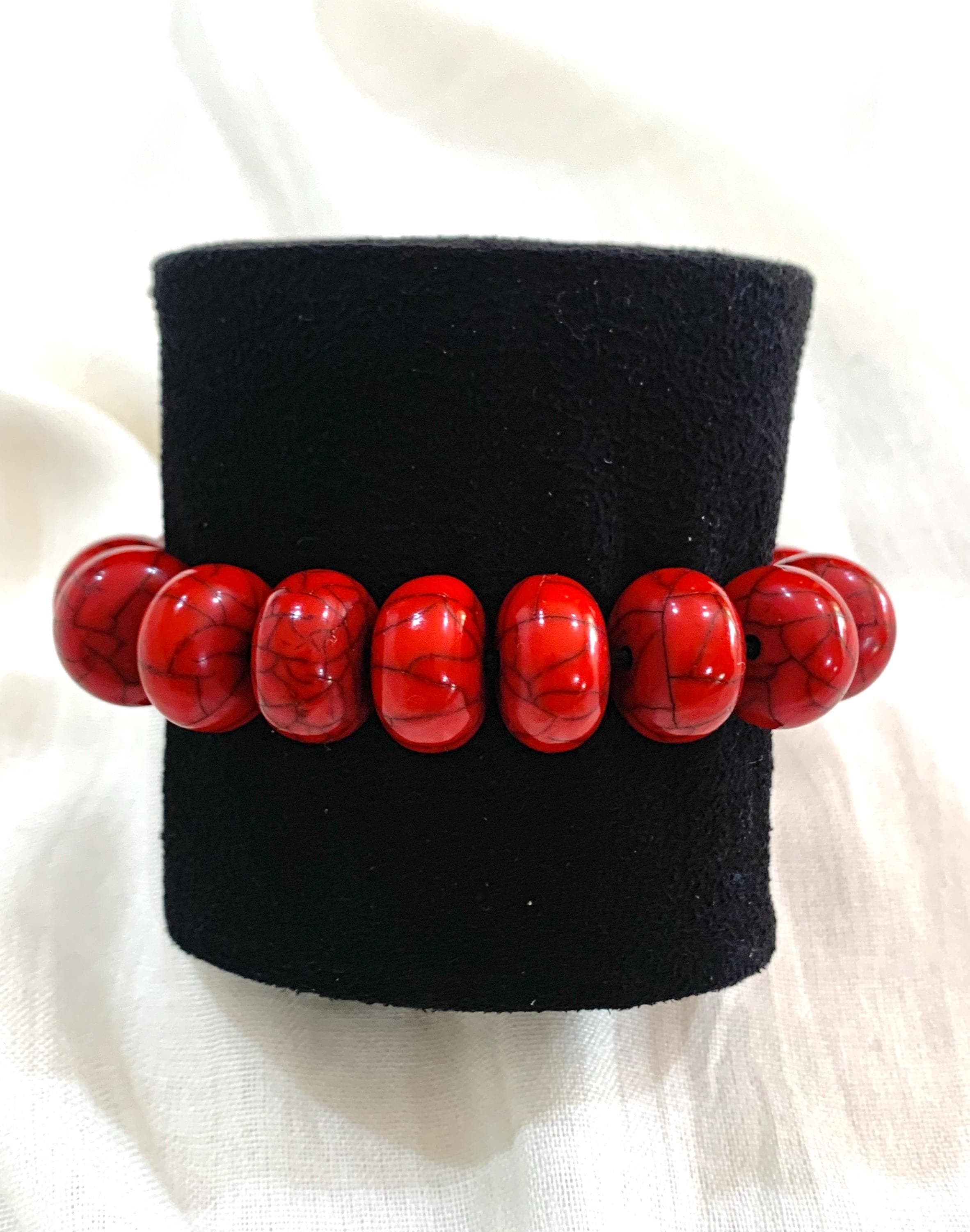 Red Chunky Statement Stretch Bracelet, Vibrant Red Veined Synthetic Turquoise Jewellery, Bohemian Coral Red Bead Gift for Her. - image 4