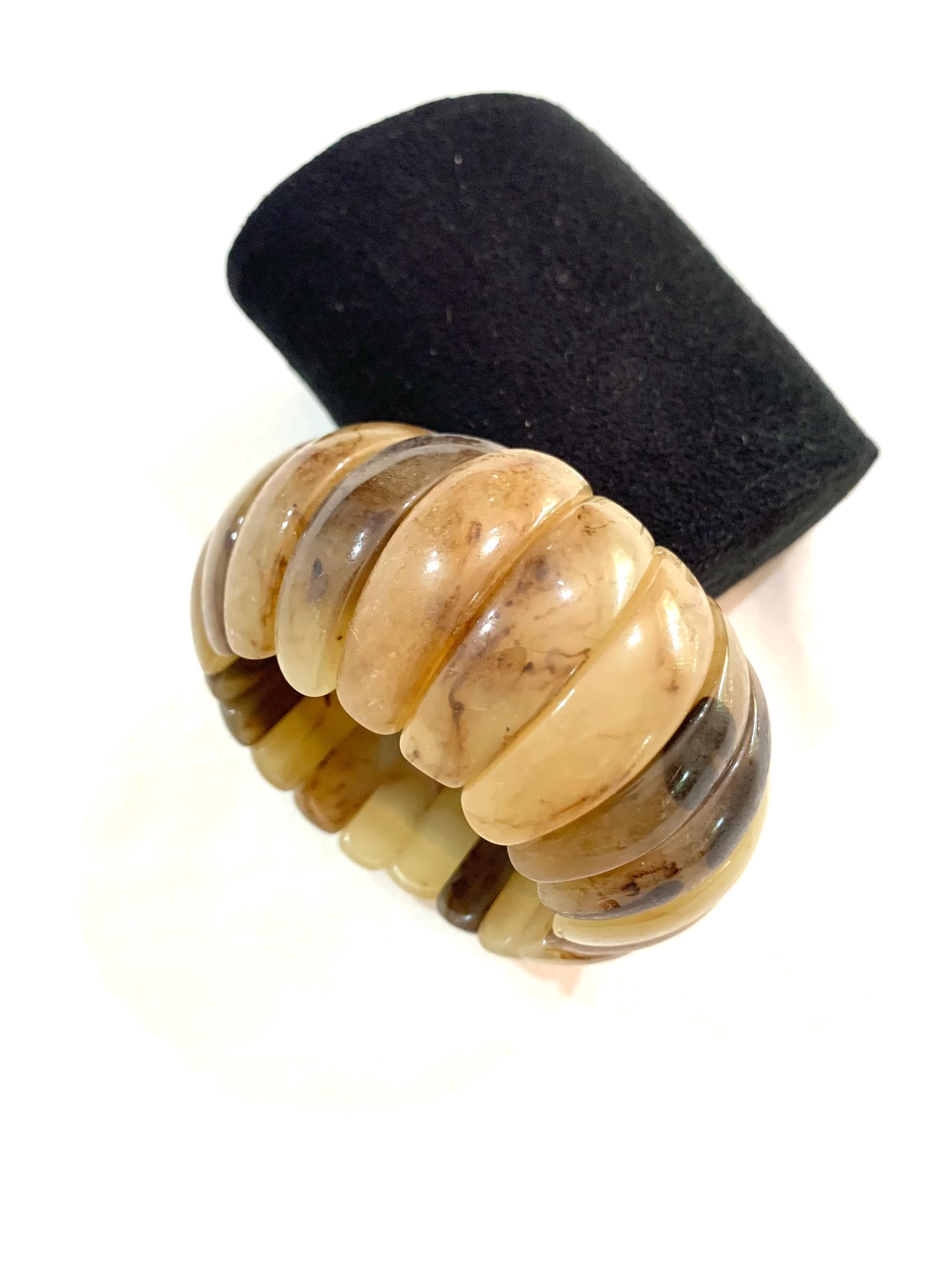 Handcarved Translucent Horn Stretch Bracelet, Honey Amber Mottled Cuff, Wide Organic Horn Bangle, Gift for Her - image 5