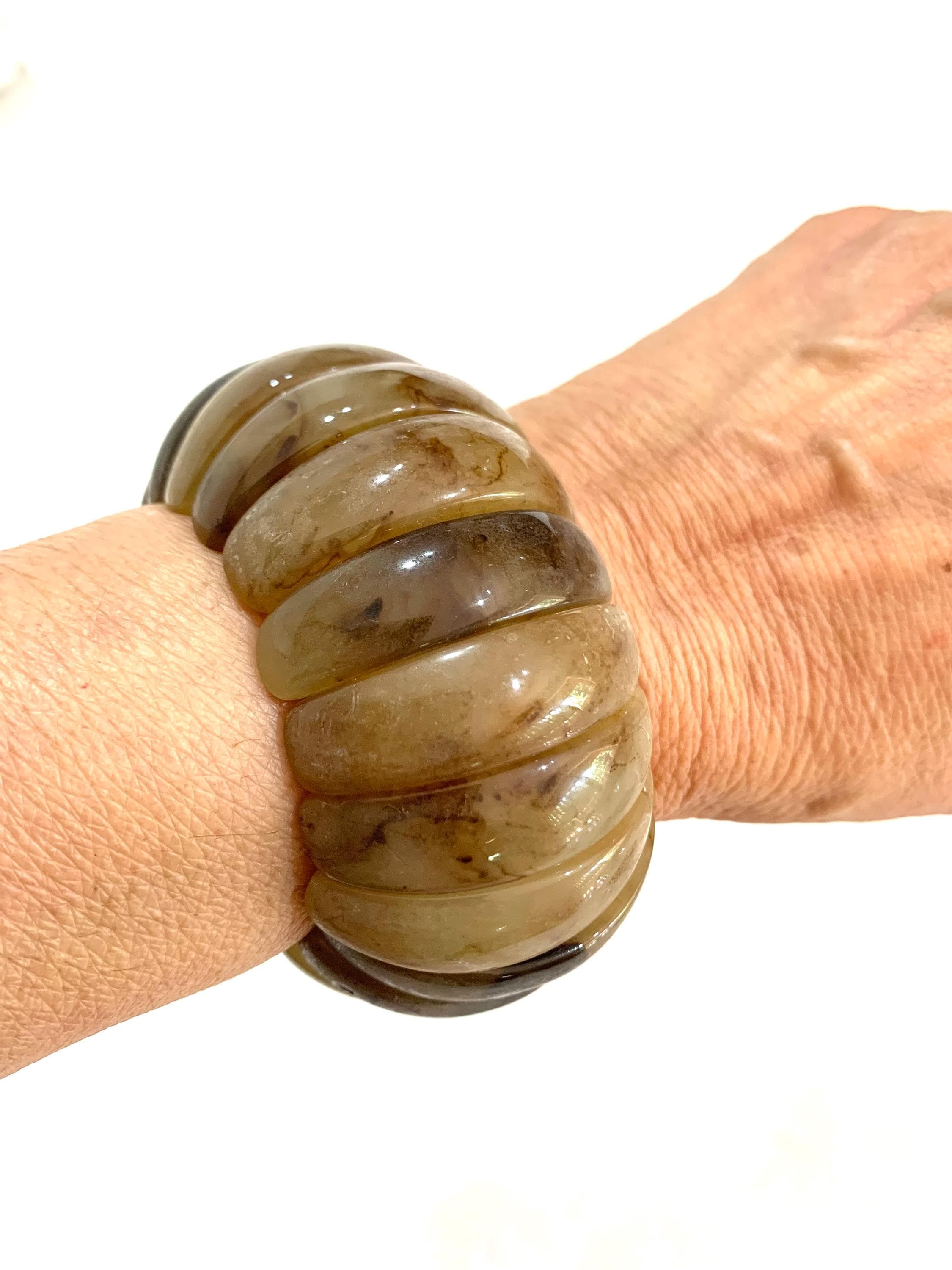 Handcarved Translucent Horn Stretch Bracelet, Honey Amber Mottled Cuff, Wide Organic Horn Bangle, Gift for Her - image 3