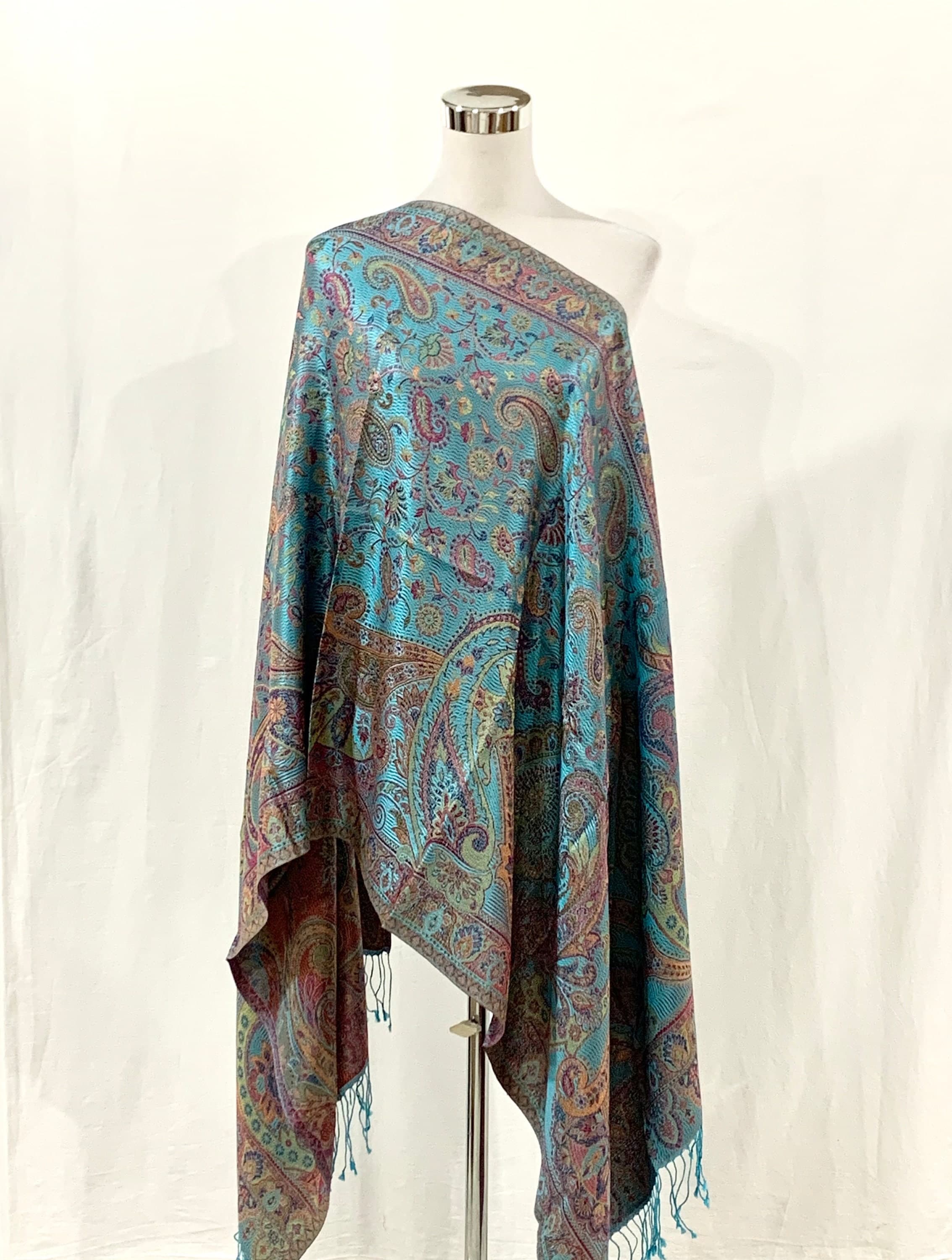 Aqua Blue multicolour pure silk Paisley shawl, Paisley jacquard wrap, all season reversible formal n casual shawl. - image 5