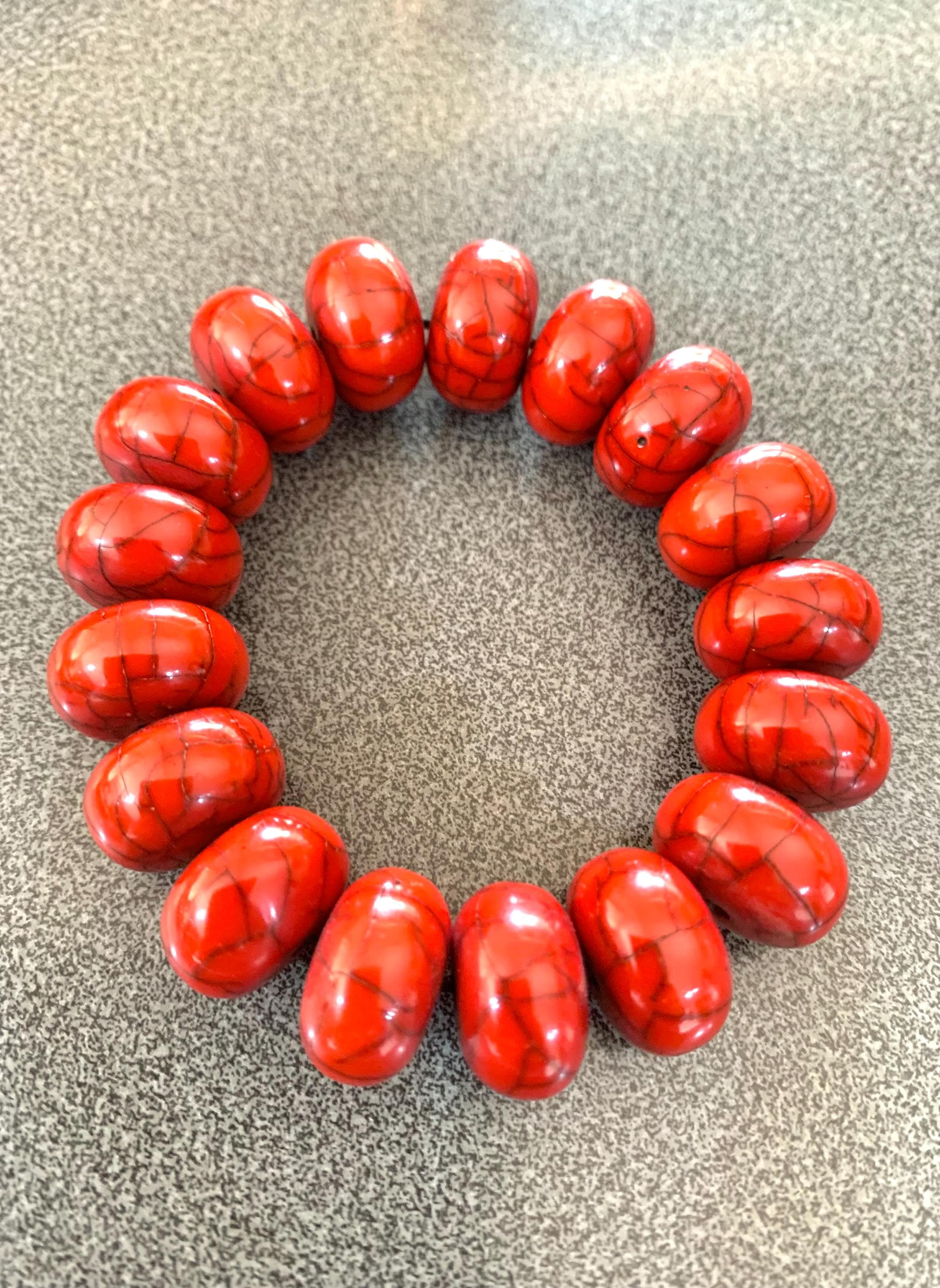 Red Chunky Statement Stretch Bracelet, Vibrant Red Veined Synthetic Turquoise Jewellery, Bohemian Coral Red Bead Gift for Her. - image 5