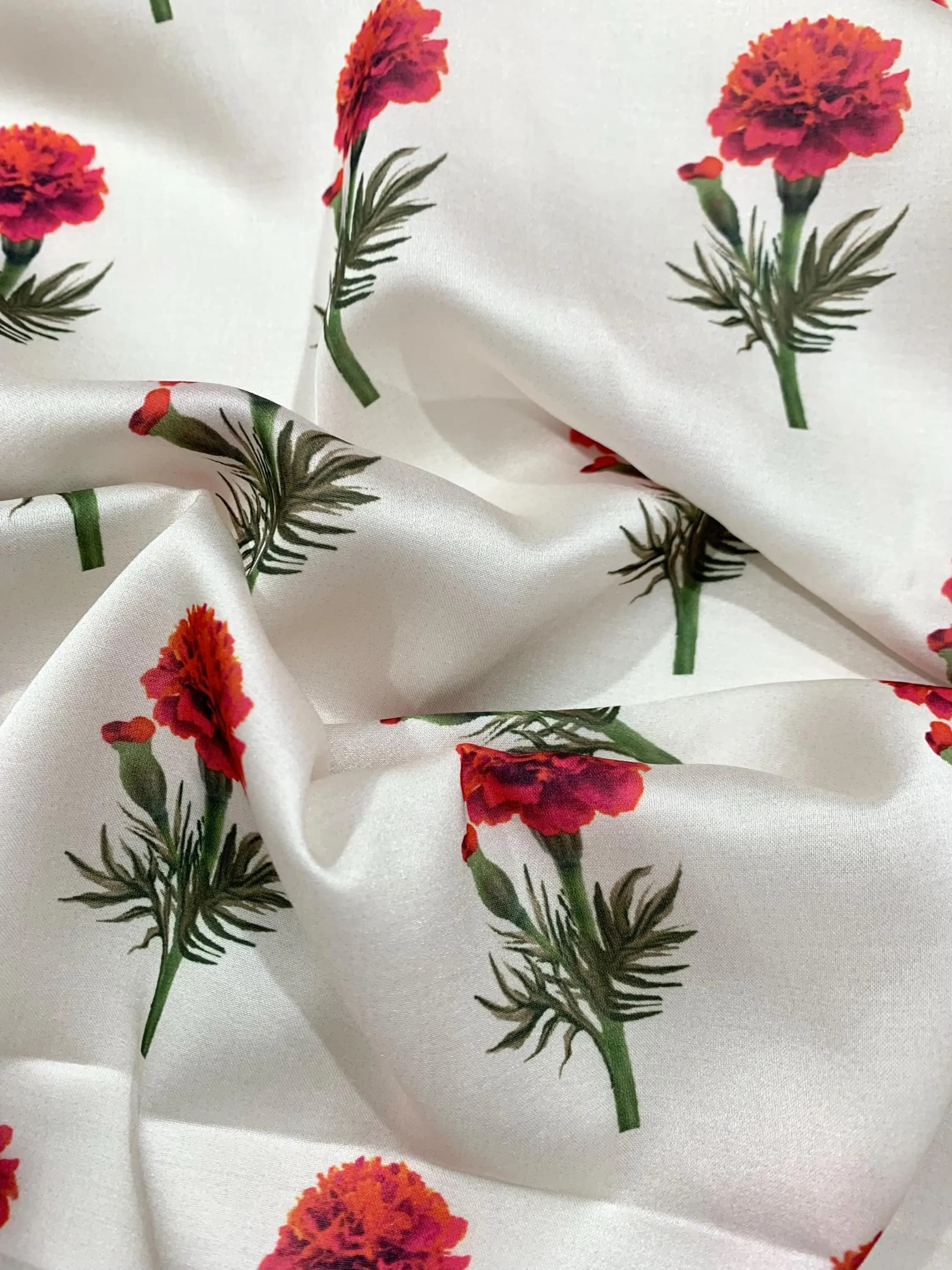 6.5 Yards of White n Red Saree Fabric, Modal Satin Silk Saree, Red Carnations digital Print, Formal n Casual wear, DIY Sewing fabric. - image 4