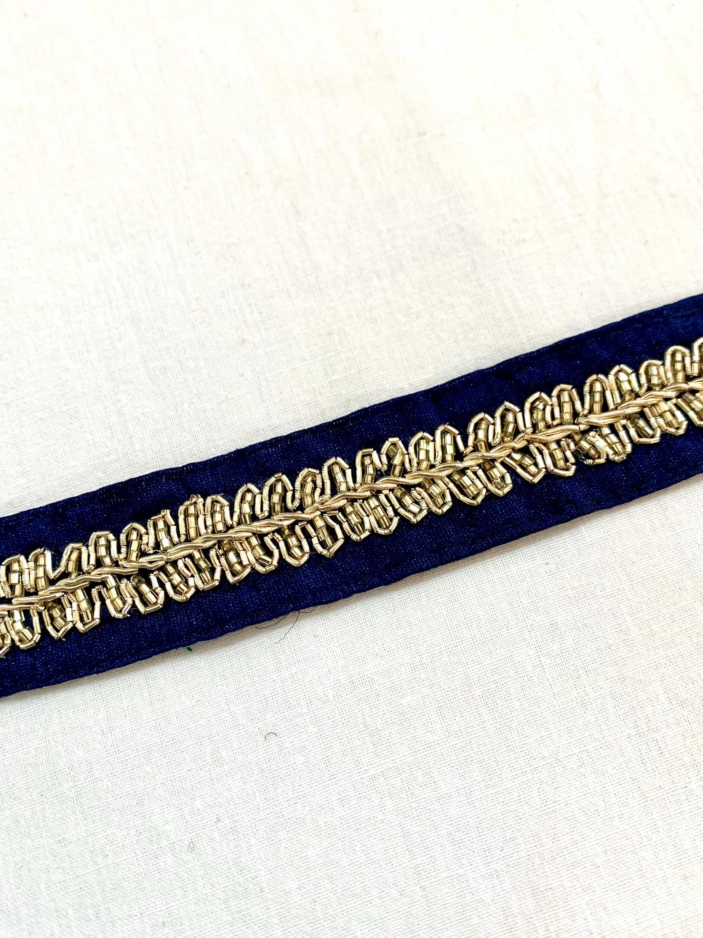 Navy Blue art silk trim, Navy n Gold trim, Hand embroidered trim, DIY sewing trim,  formal wear trim, Navy Border trim, Home decor trim. - image 3