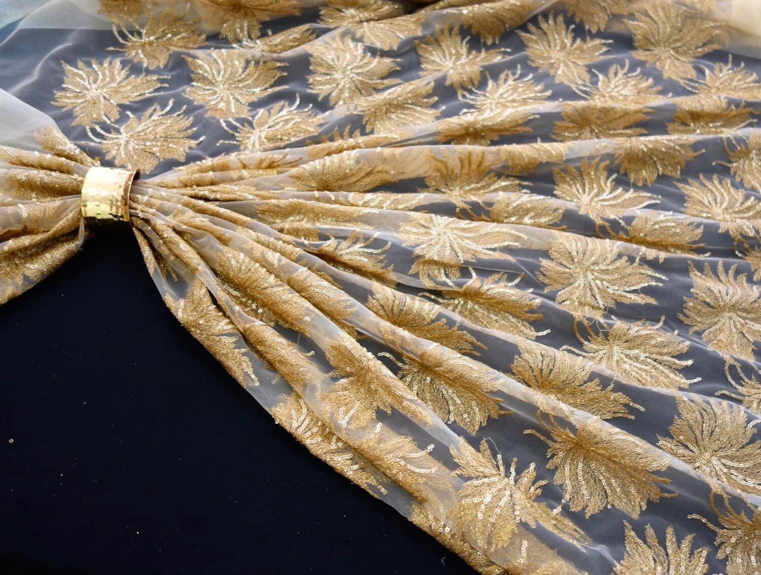 Golden Bridal Fabric, Champagne Gold Fabric, Embroidered Fabric,Golden Tulle Fabric,All over Floral Embroidery, Designer Formal wear Fabric. - image 5