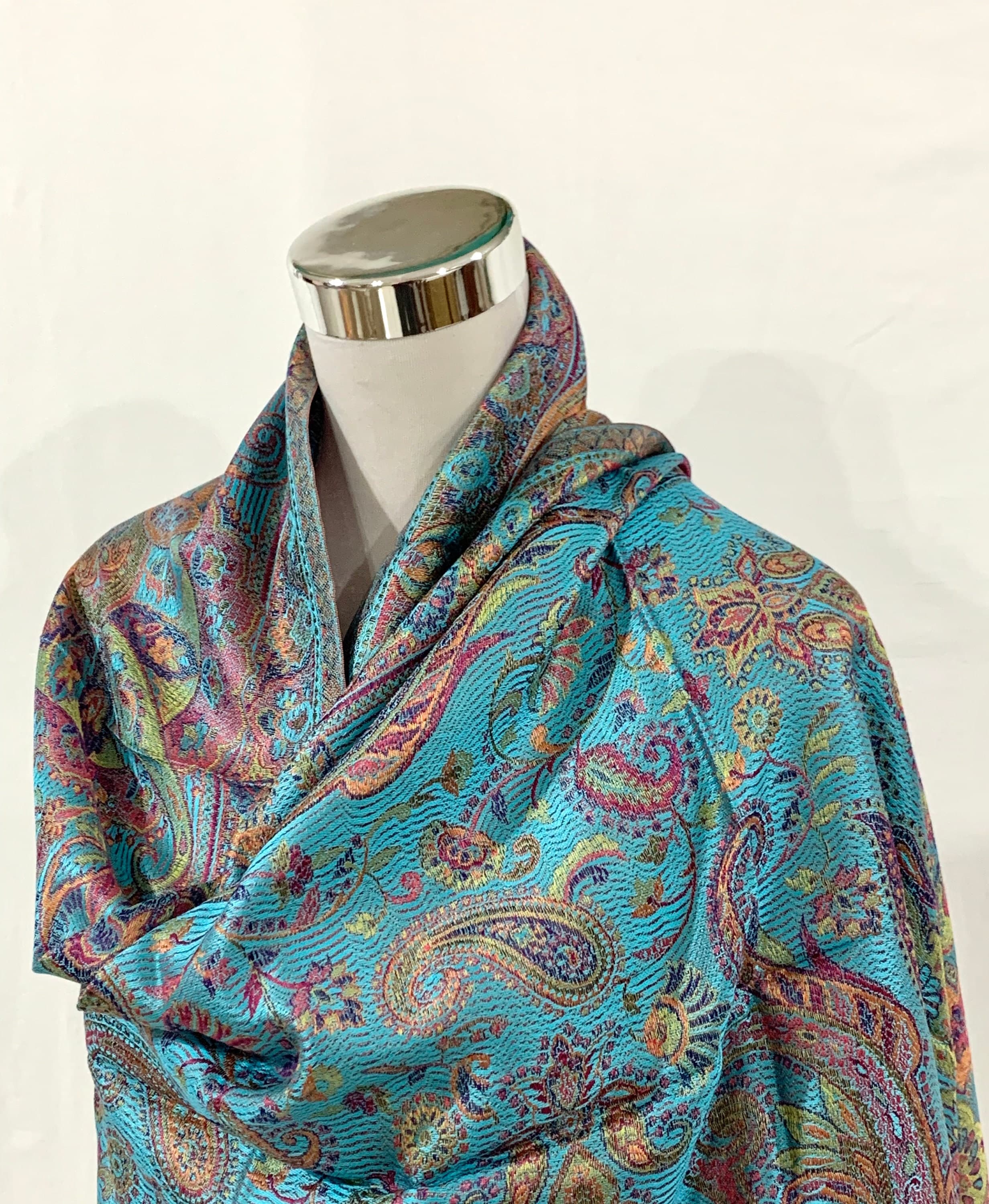 Aqua Blue multicolour pure silk Paisley shawl, Paisley jacquard wrap, all season reversible formal n casual shawl.