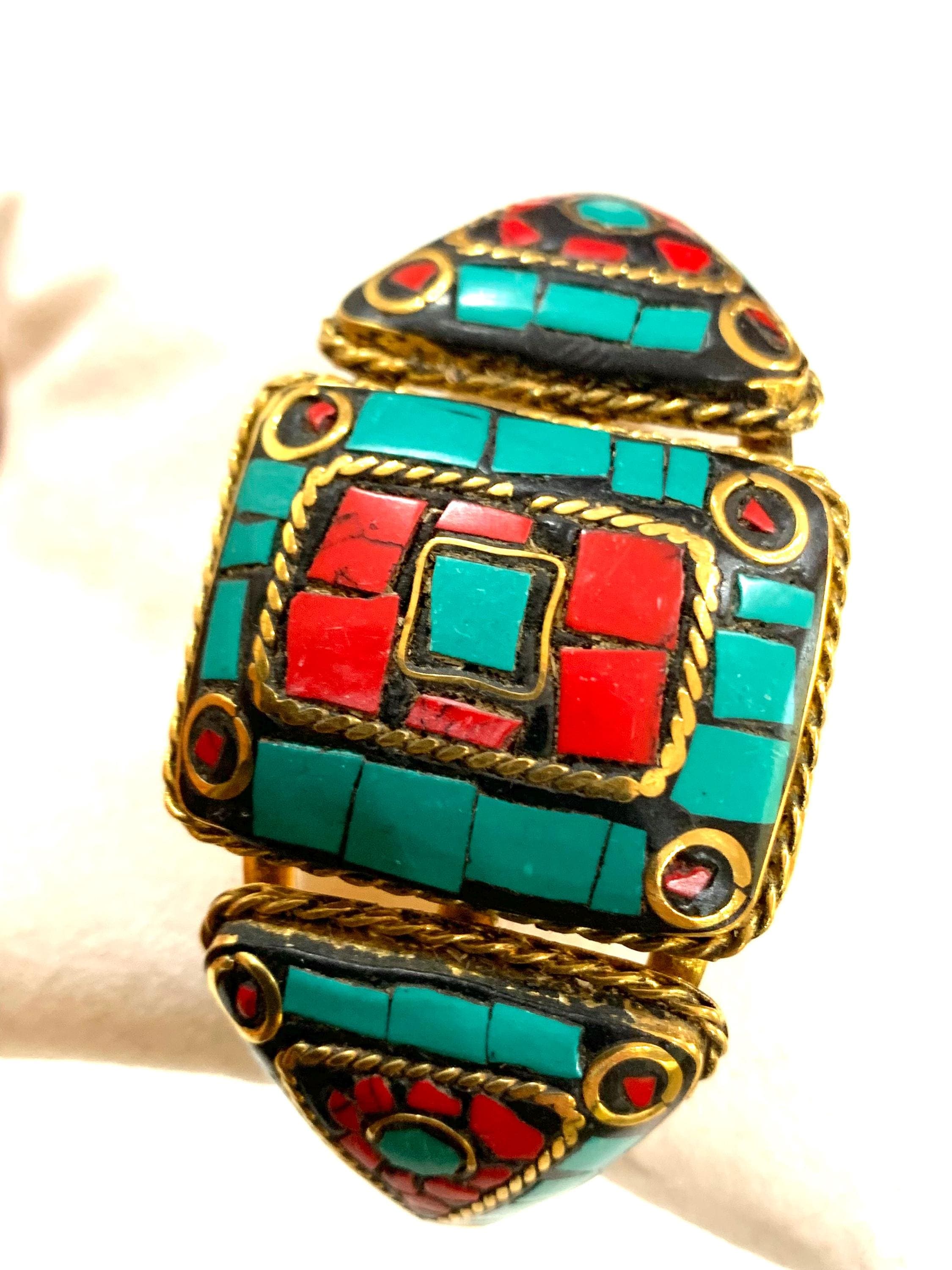 Tibetan Mosaic Cuff Bracelet, Brass Turquoise & Coral Inlay Bangle, Boho Tribal Statement Wristband, Ethnic Gemstone Cuff Gift for Her - image 4