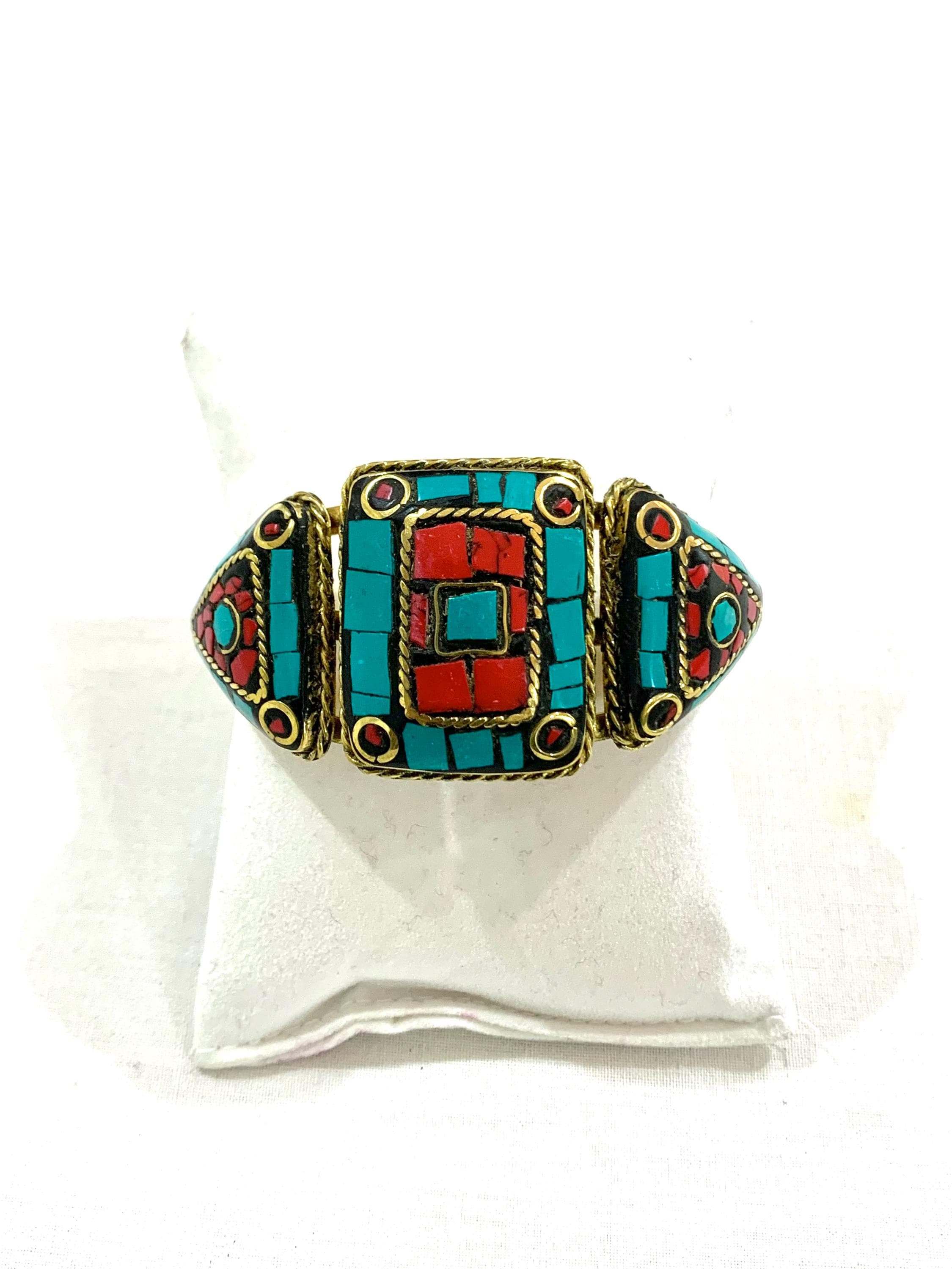 Tibetan Mosaic Cuff Bracelet, Brass Turquoise & Coral Inlay Bangle, Boho Tribal Statement Wristband, Ethnic Gemstone Cuff Gift for Her - image 5