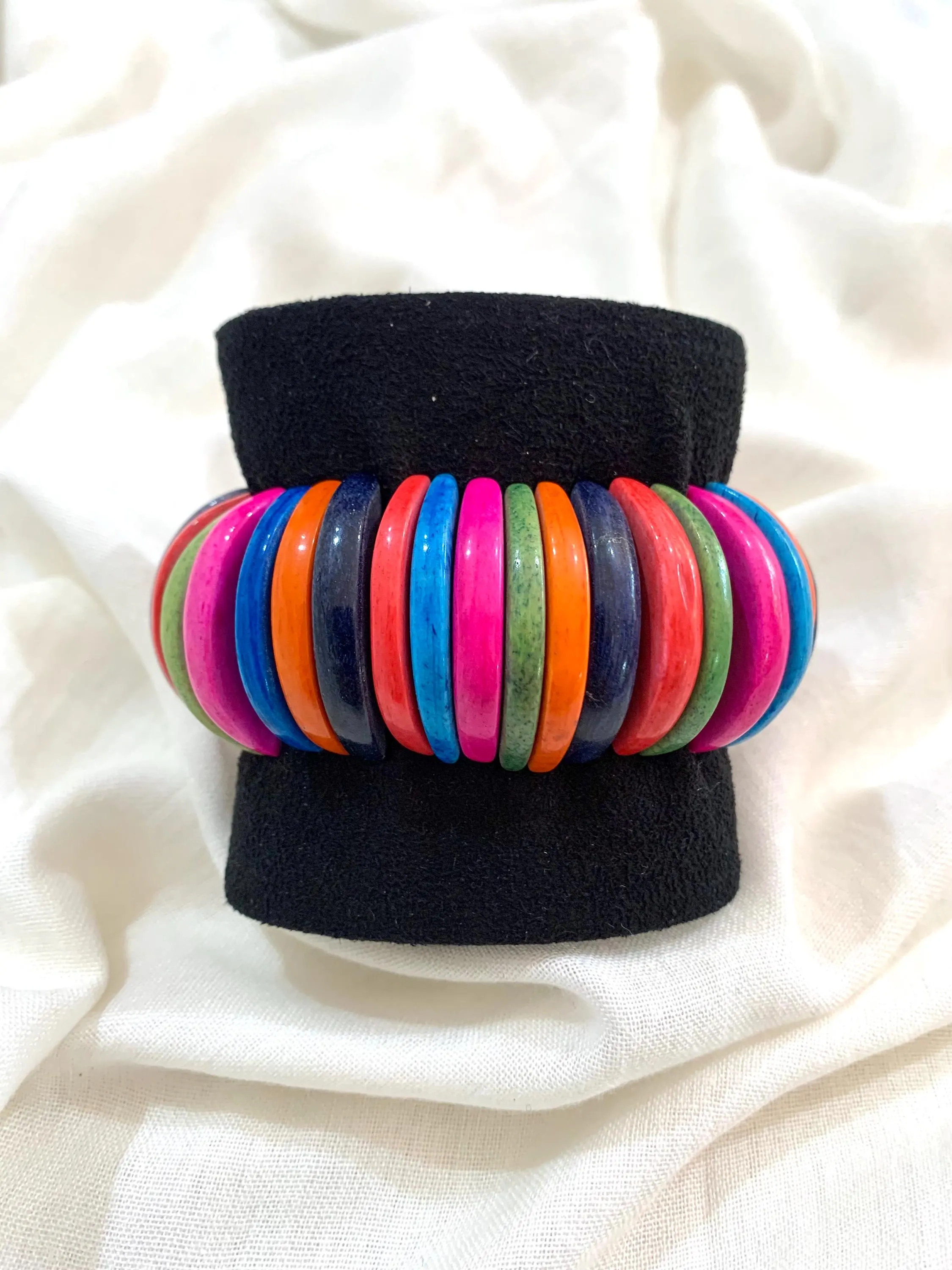 Colorful Hand Dyed Bone Stretch Bracelet, Vibrant Rainbow Disk Bead Wristlet, Boho Stacking Bracelet, Gift for Her