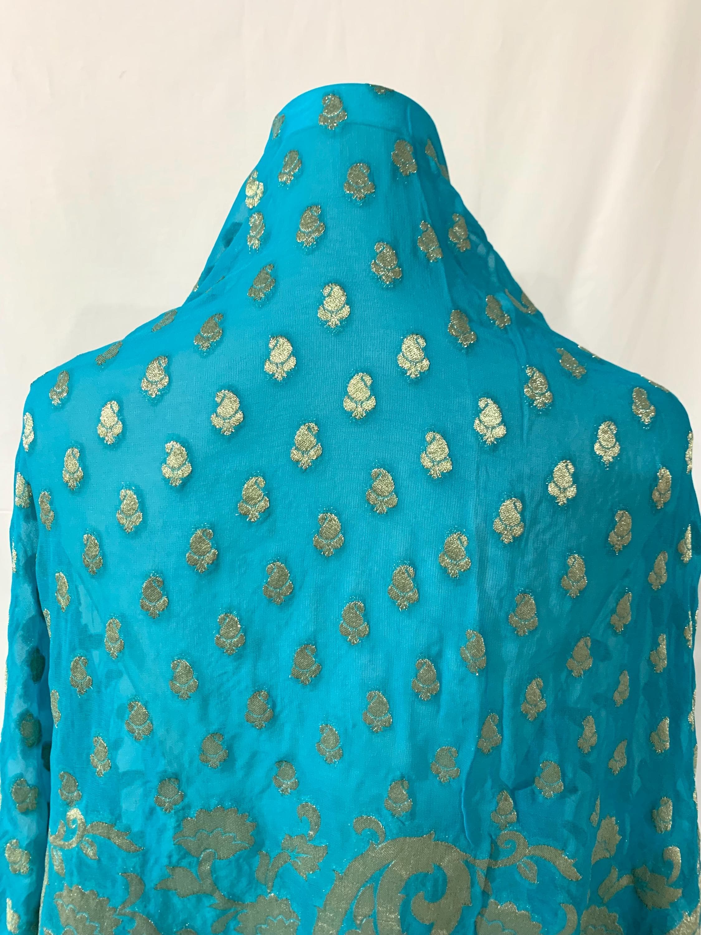 Extra wide Blue Fabric, Aqua Blue n gold Brocade Fabric, Soft Georgette Paisley fabric, Bordered fabric, formal wear Fabric, Sewing fabric.