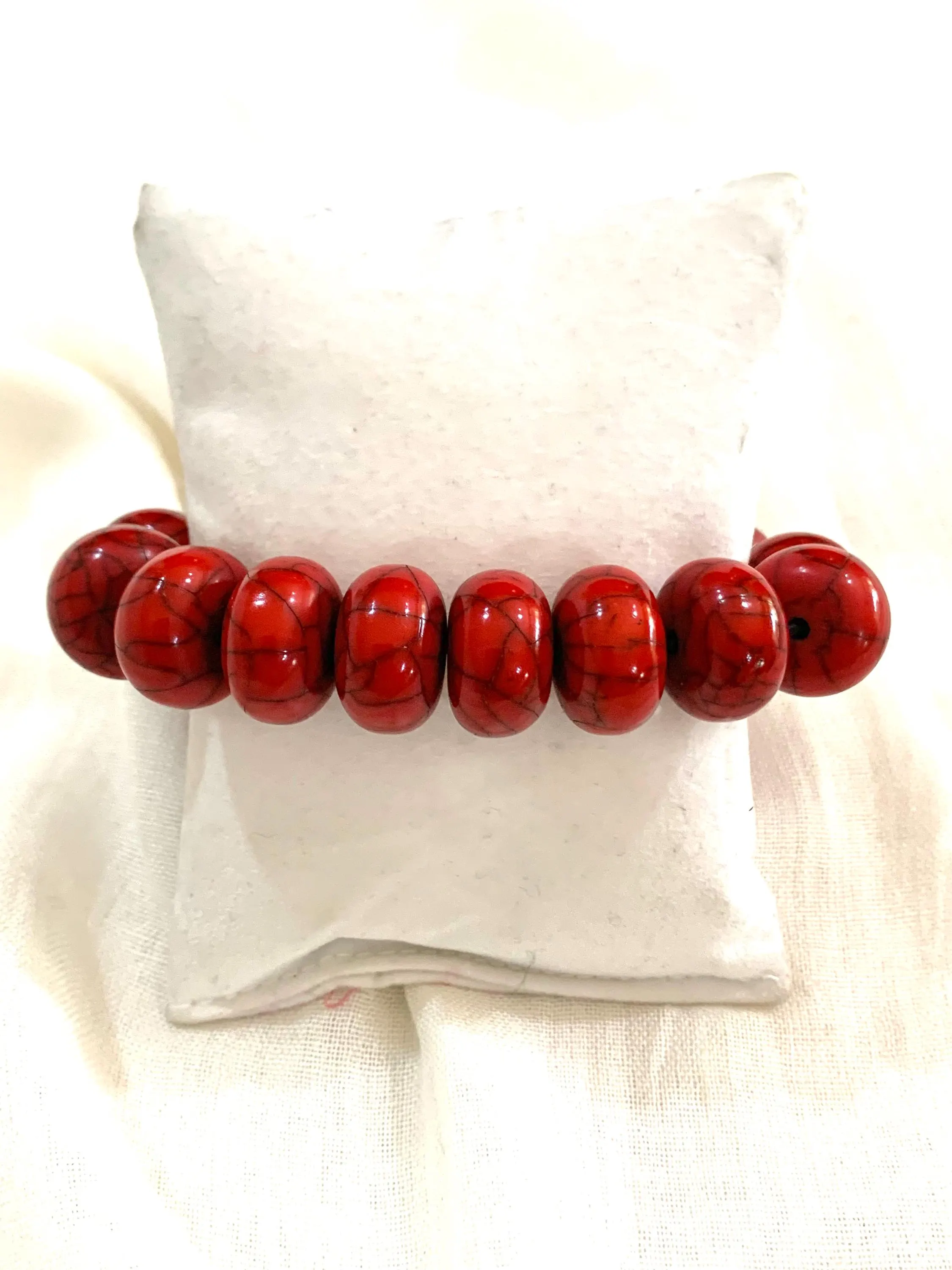 Red Chunky Statement Stretch Bracelet, Vibrant Red Veined Synthetic Turquoise Jewellery, Bohemian Coral Red Bead Gift for Her. - image 3
