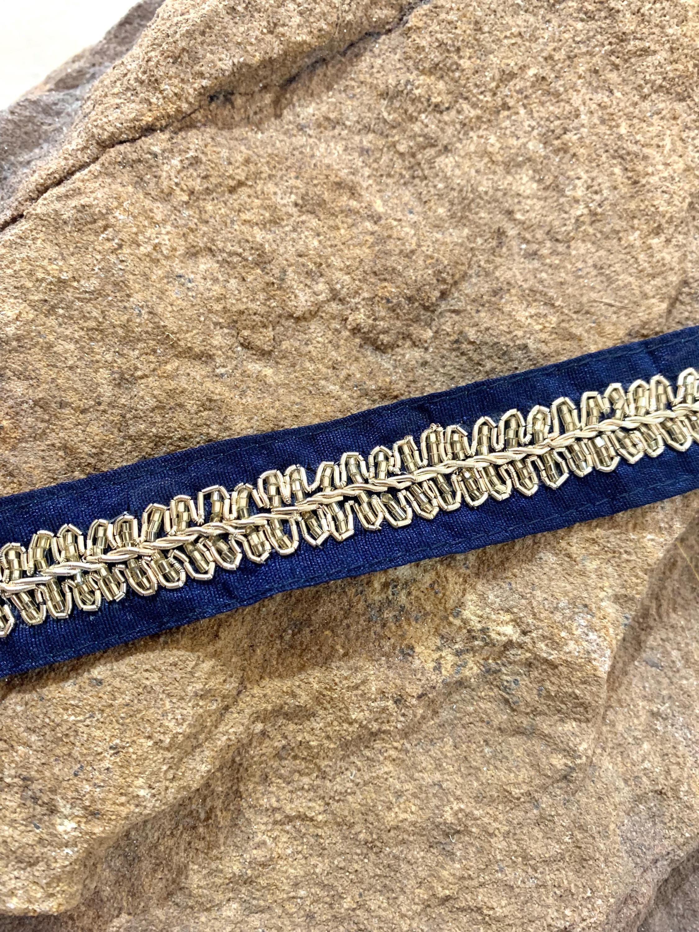 Navy Blue art silk trim, Navy n Gold trim, Hand embroidered trim, DIY sewing trim,  formal wear trim, Navy Border trim, Home decor trim. - image 4