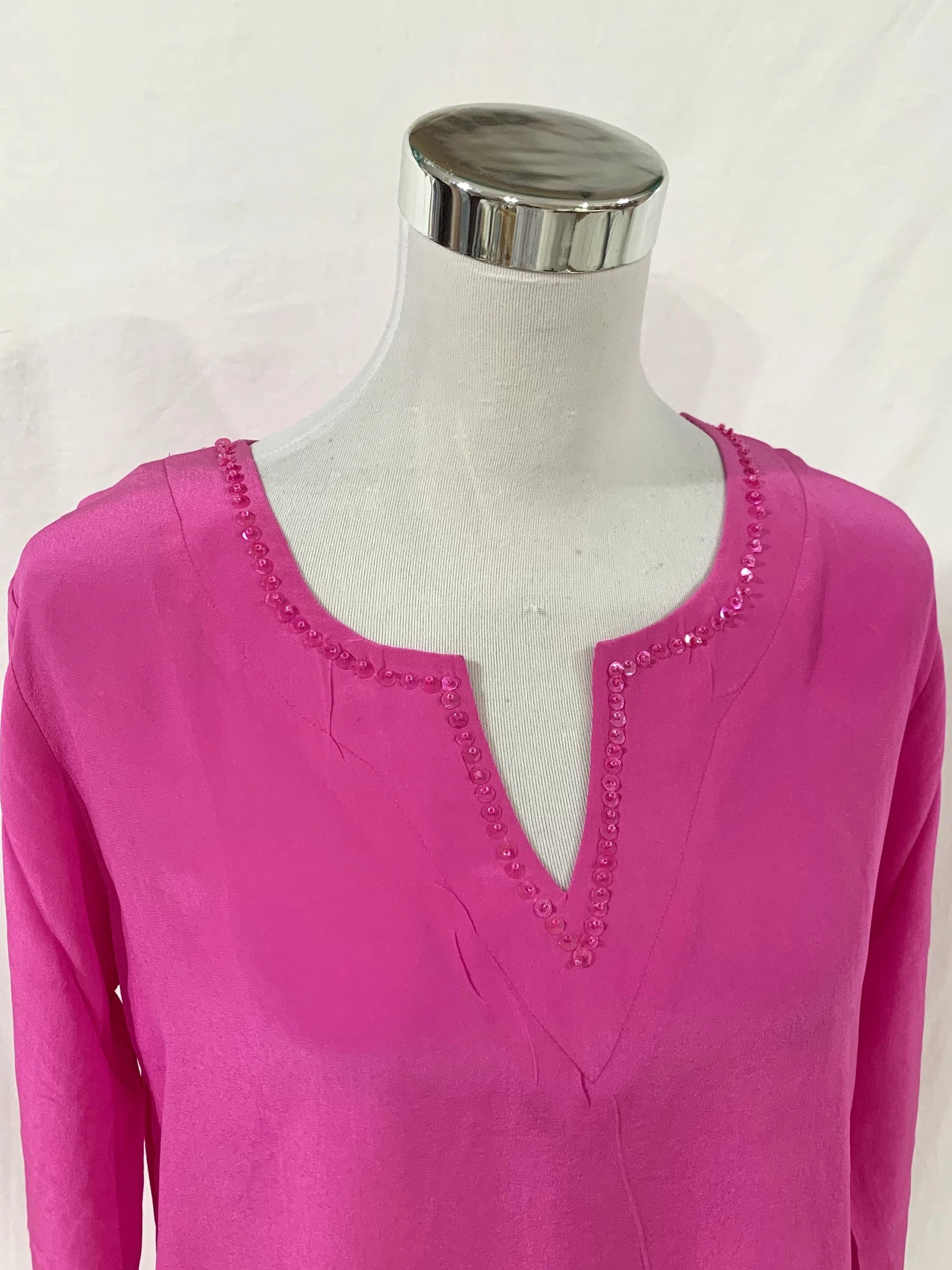 Hot Pink silk kaftan top, Hand embroidered sequins, Formal or Casual pure silk  top.