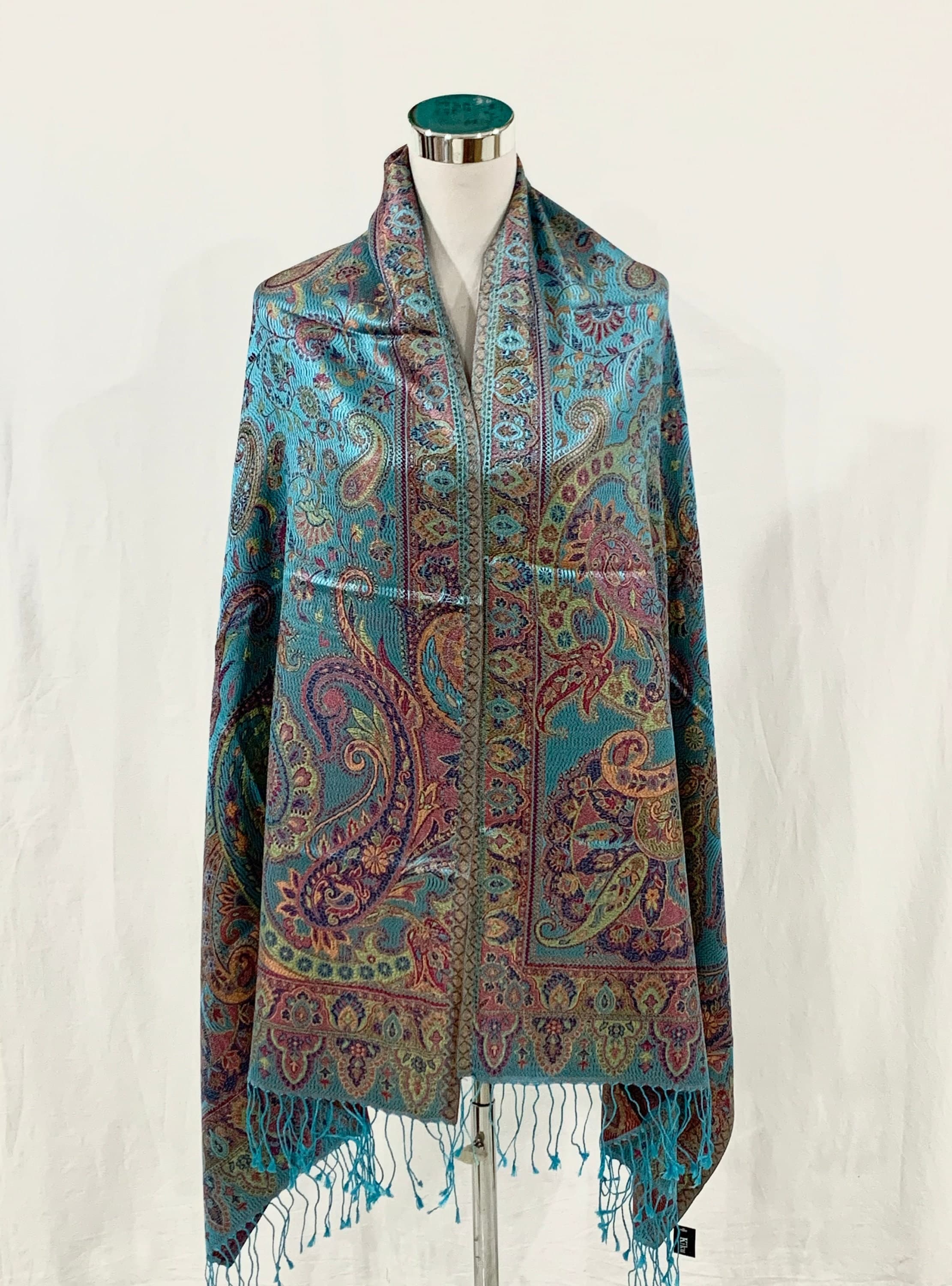 Aqua Blue multicolour pure silk Paisley shawl, Paisley jacquard wrap, all season reversible formal n casual shawl. - image 3