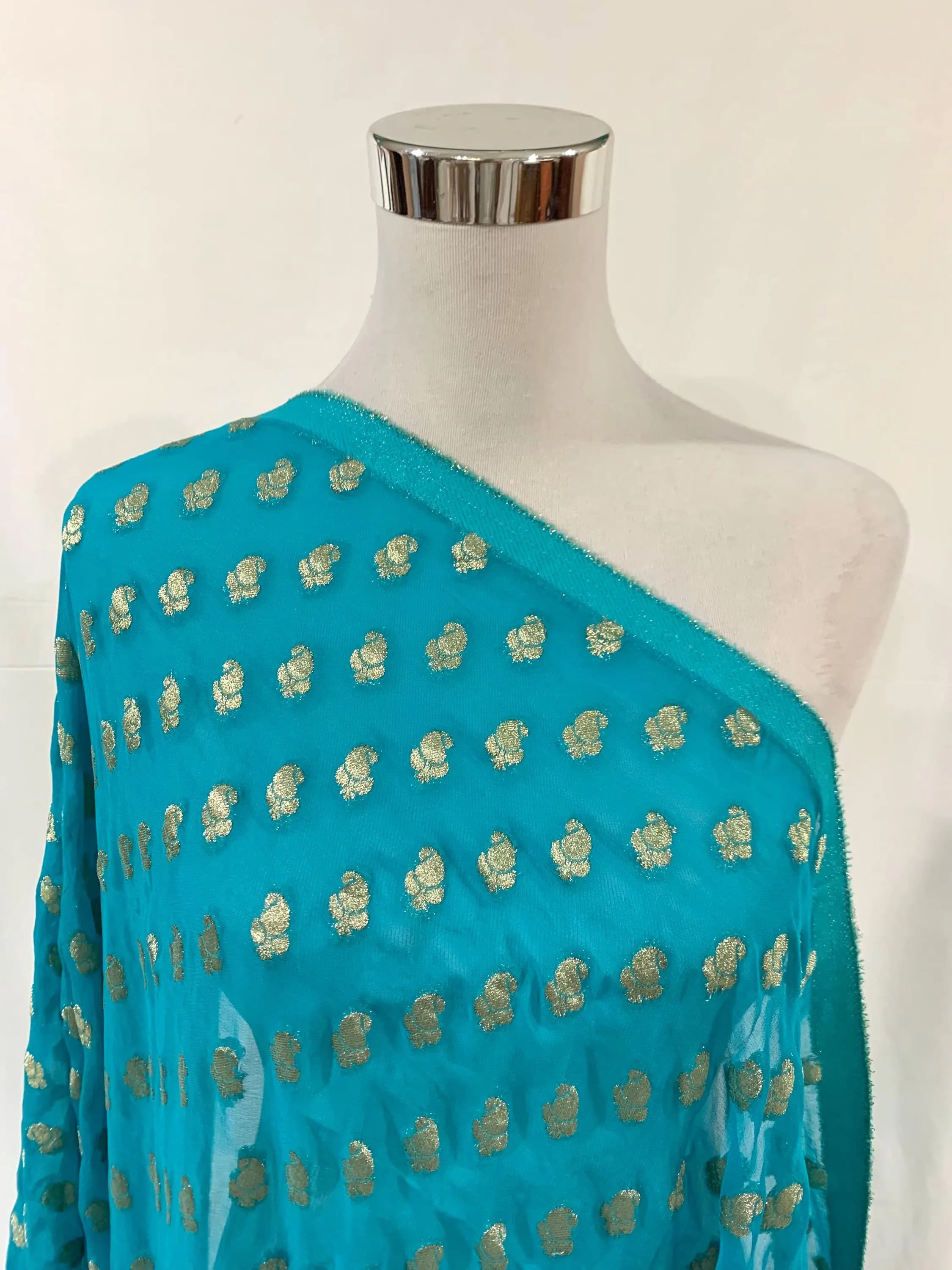Extra wide Blue Fabric, Aqua Blue n gold Brocade Fabric, Soft Georgette Paisley fabric, Bordered fabric, formal wear Fabric, Sewing fabric. - image 4