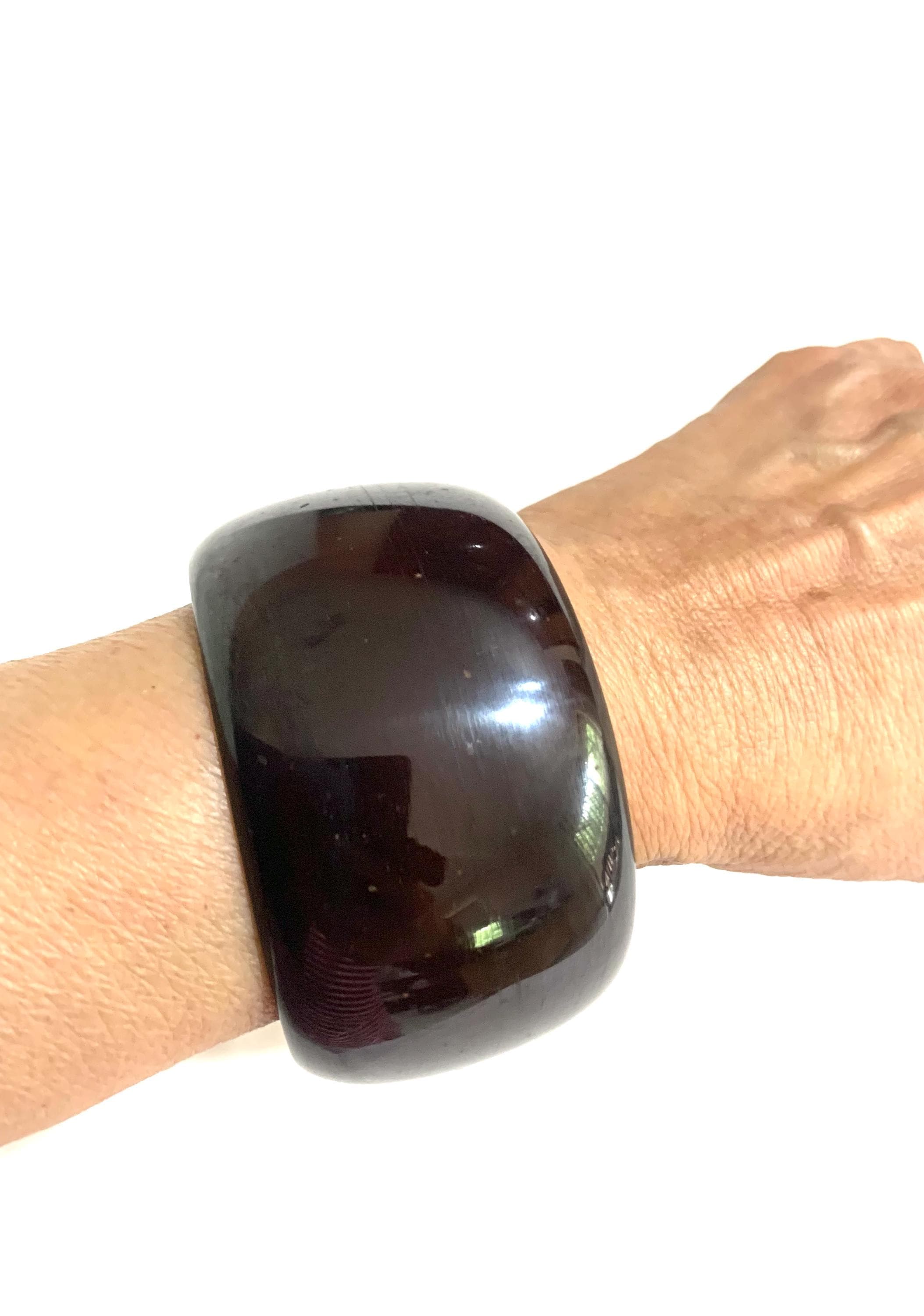 Dark Brown Chunky Bangle, Wide Polished Horn Style Curved Cuff, Minimalist Retro Statement Jewellery. - image 3