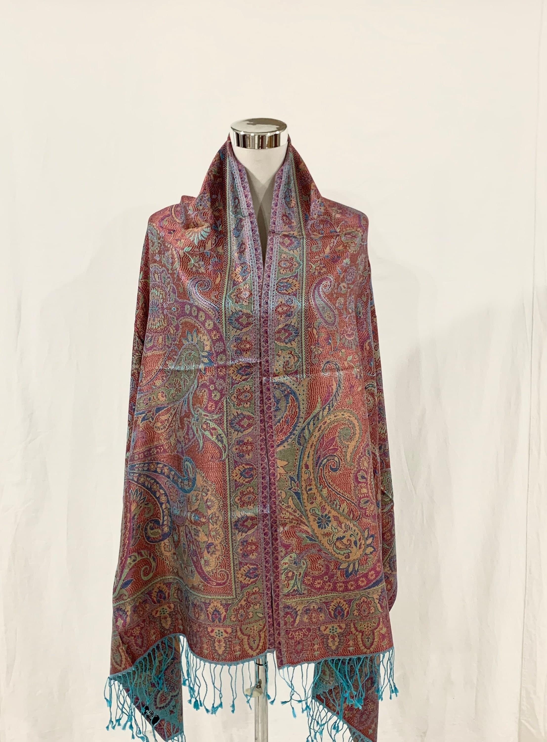 Aqua Blue multicolour pure silk Paisley shawl, Paisley jacquard wrap, all season reversible formal n casual shawl. - image 4