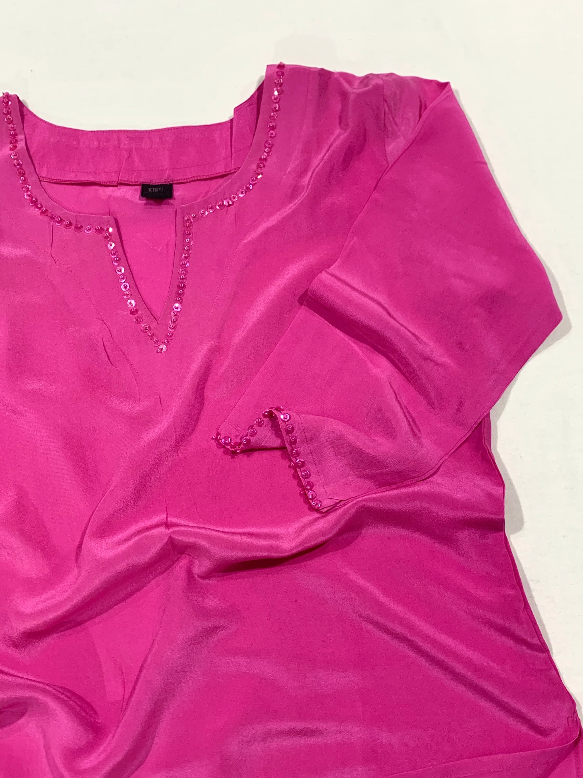 Hot Pink silk kaftan top, Hand embroidered sequins, Formal or Casual pure silk  top. - image 5