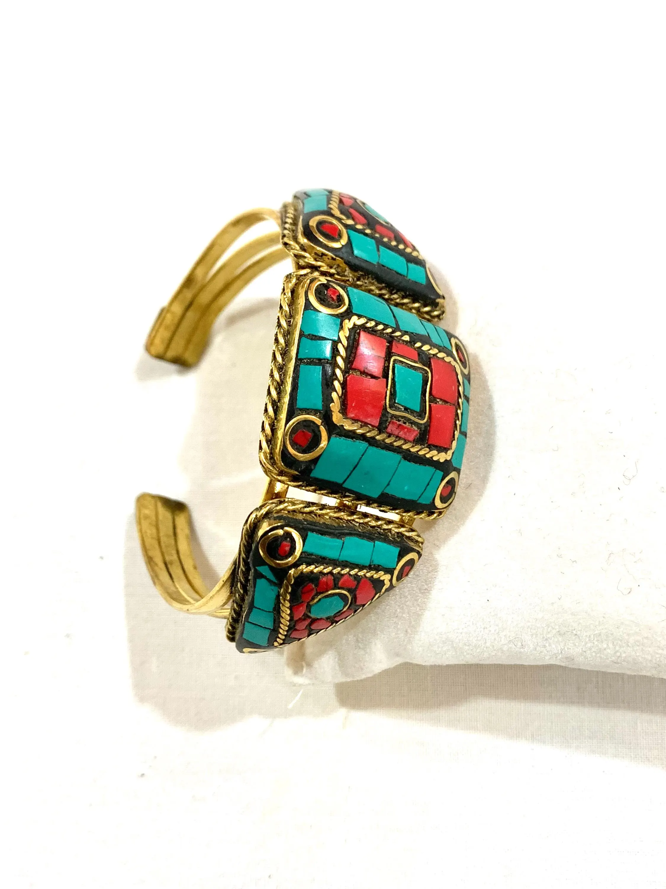 Tibetan Mosaic Cuff Bracelet, Brass Turquoise & Coral Inlay Bangle, Boho Tribal Statement Wristband, Ethnic Gemstone Cuff Gift for Her
