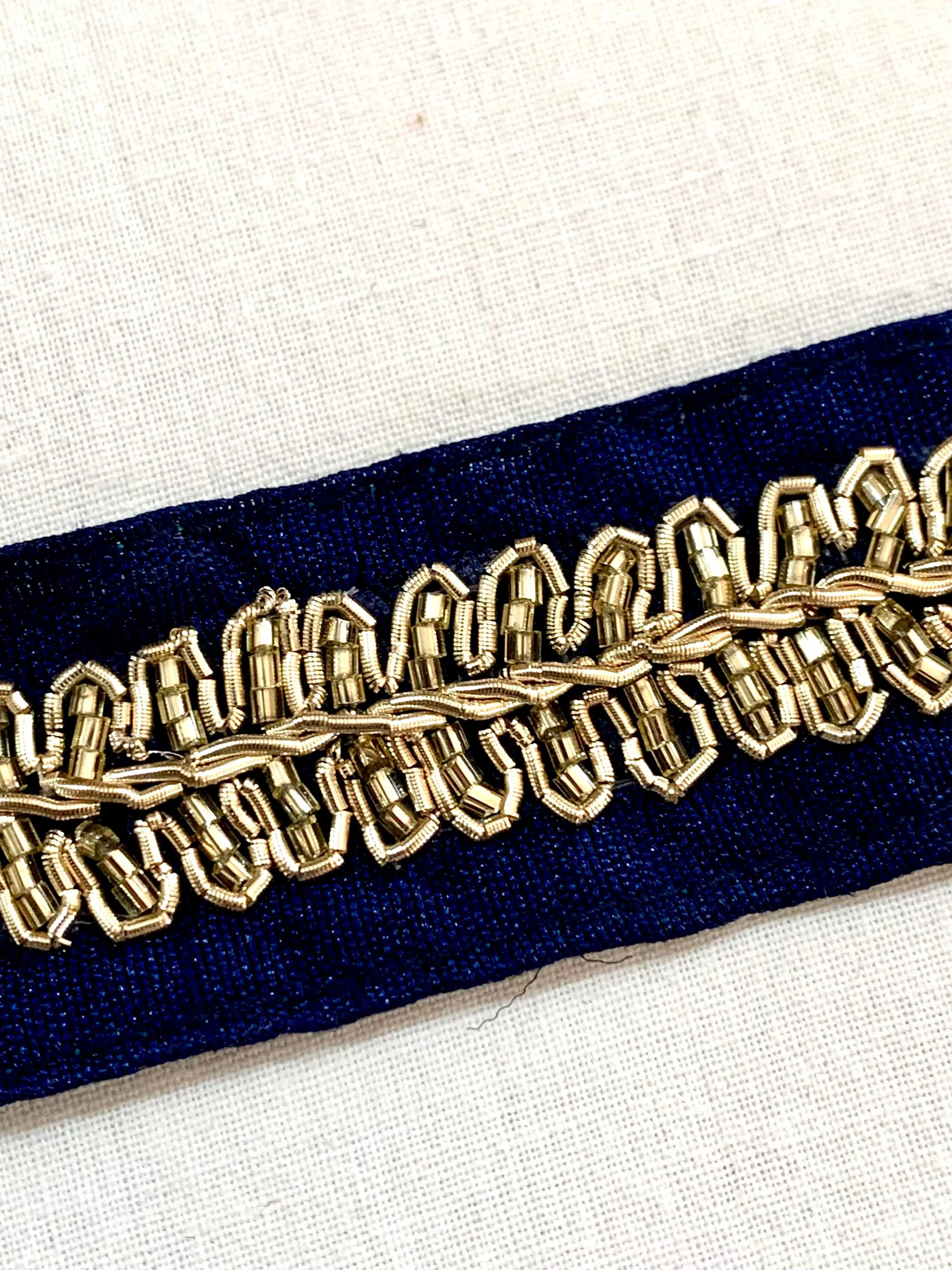 Navy Blue art silk trim, Navy n Gold trim, Hand embroidered trim, DIY sewing trim,  formal wear trim, Navy Border trim, Home decor trim.