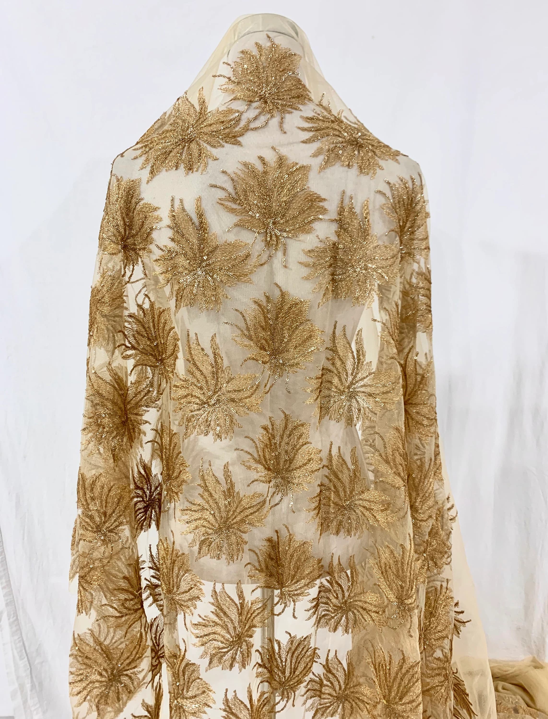 Golden Bridal Fabric, Champagne Gold Fabric, Embroidered Fabric,Golden Tulle Fabric,All over Floral Embroidery, Designer Formal wear Fabric. - image 3