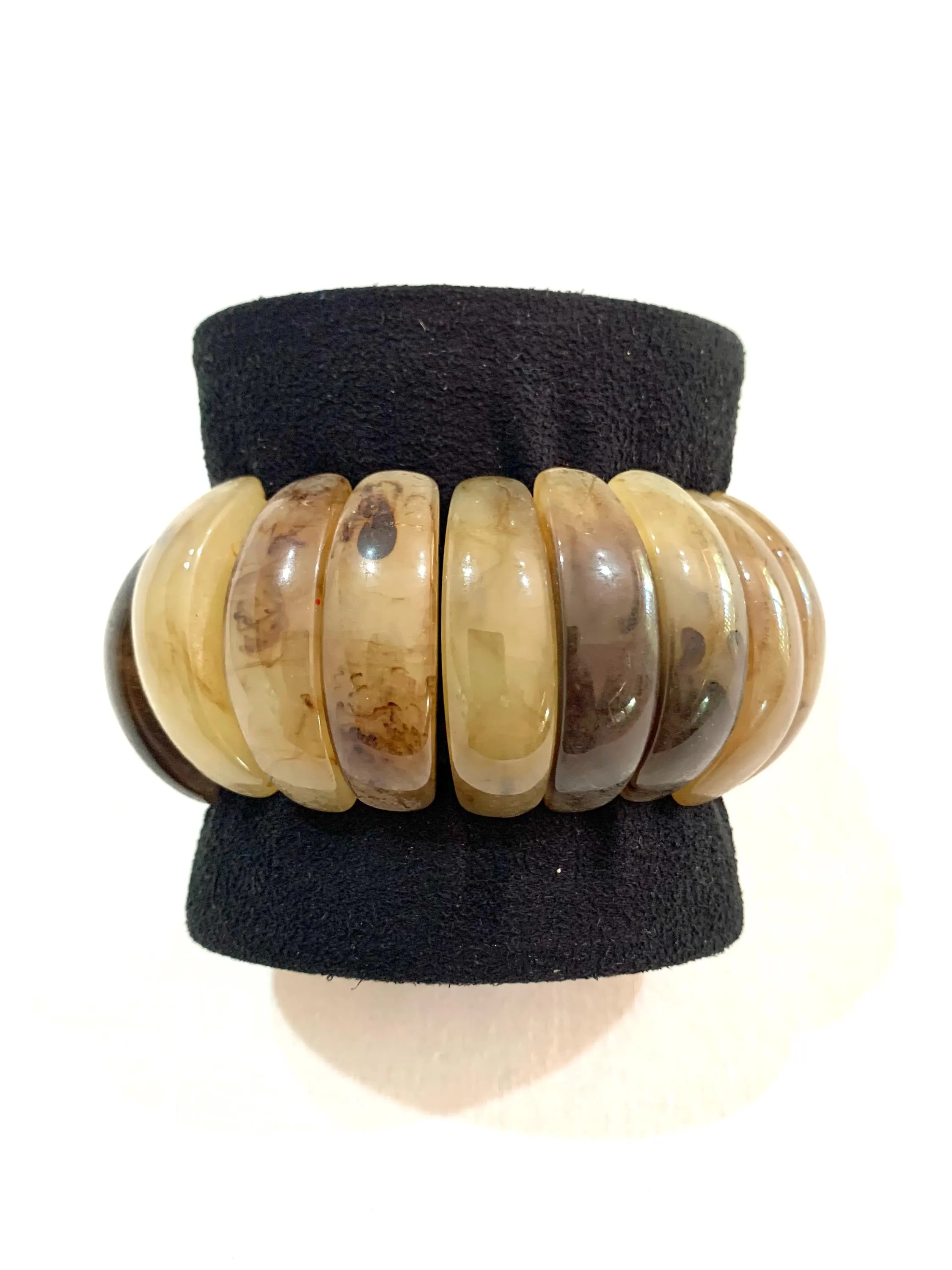 Handcarved Translucent Horn Stretch Bracelet, Honey Amber Mottled Cuff, Wide Organic Horn Bangle, Gift for Her