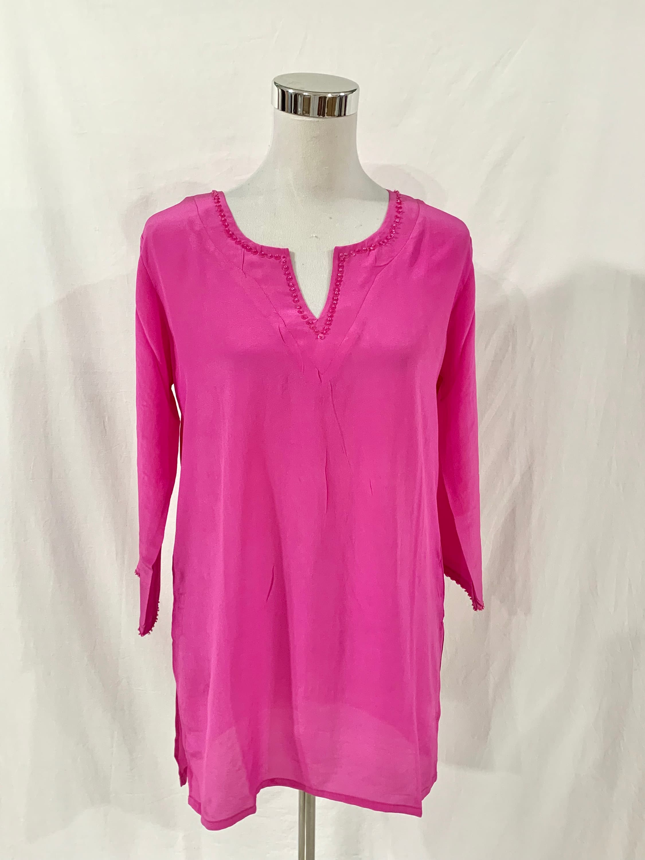 Hot Pink silk kaftan top, Hand embroidered sequins, Formal or Casual pure silk  top. - image 3