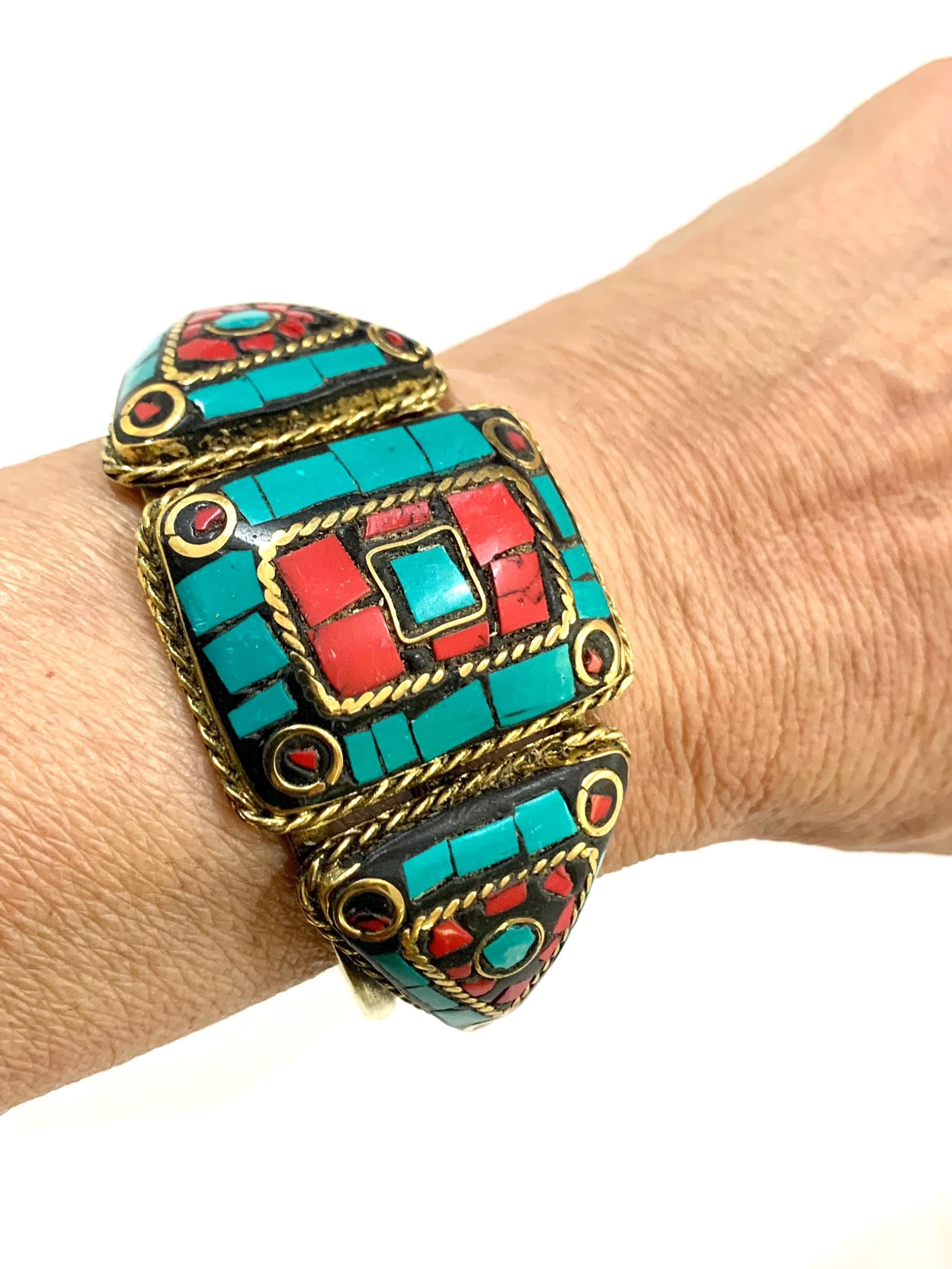 Tibetan Mosaic Cuff Bracelet, Brass Turquoise & Coral Inlay Bangle, Boho Tribal Statement Wristband, Ethnic Gemstone Cuff Gift for Her - image 3