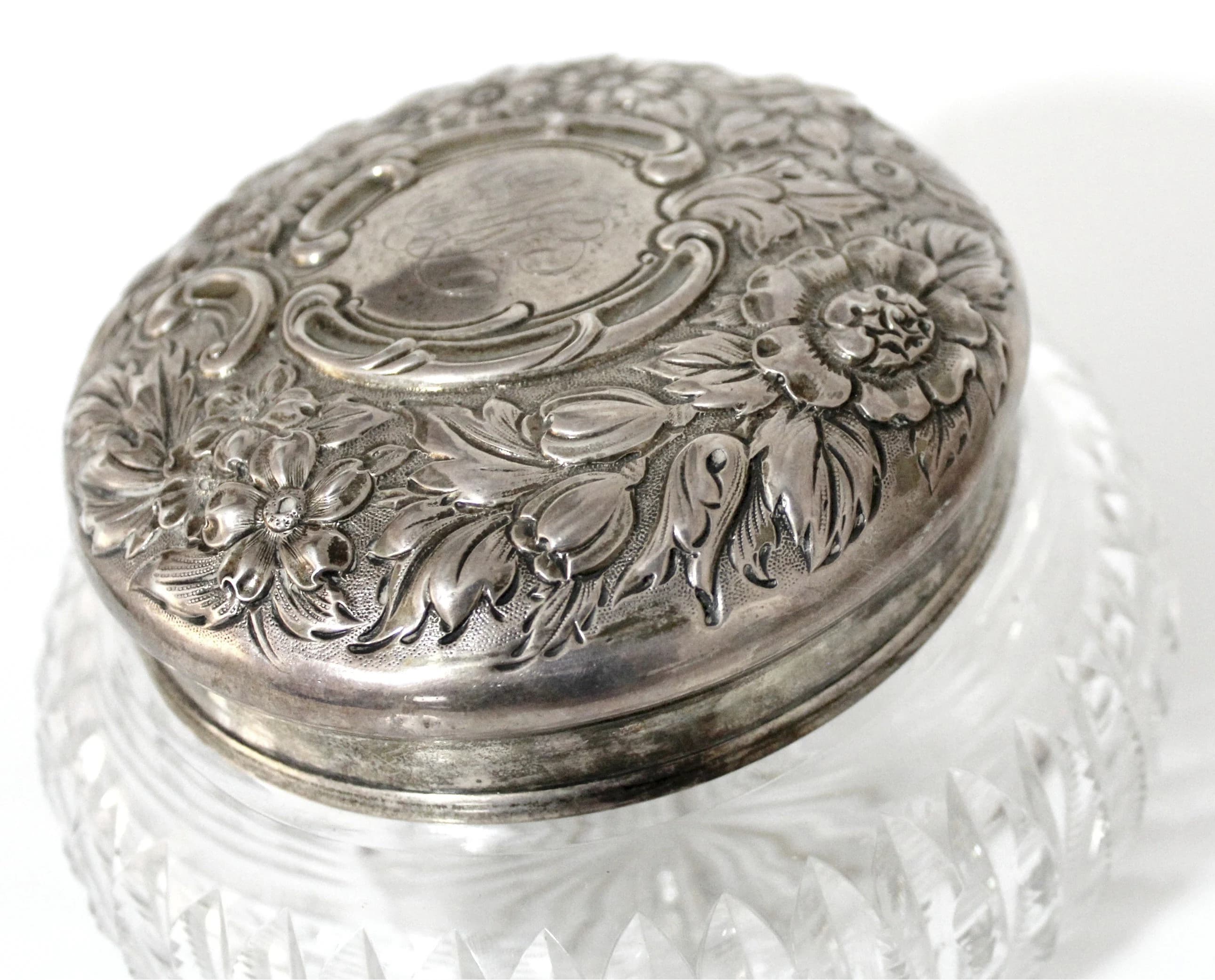 Antique Sterling Silver and American Brilliant Cut Glass Large Dresser Jar Theodore A. Kohn & Son - image 4