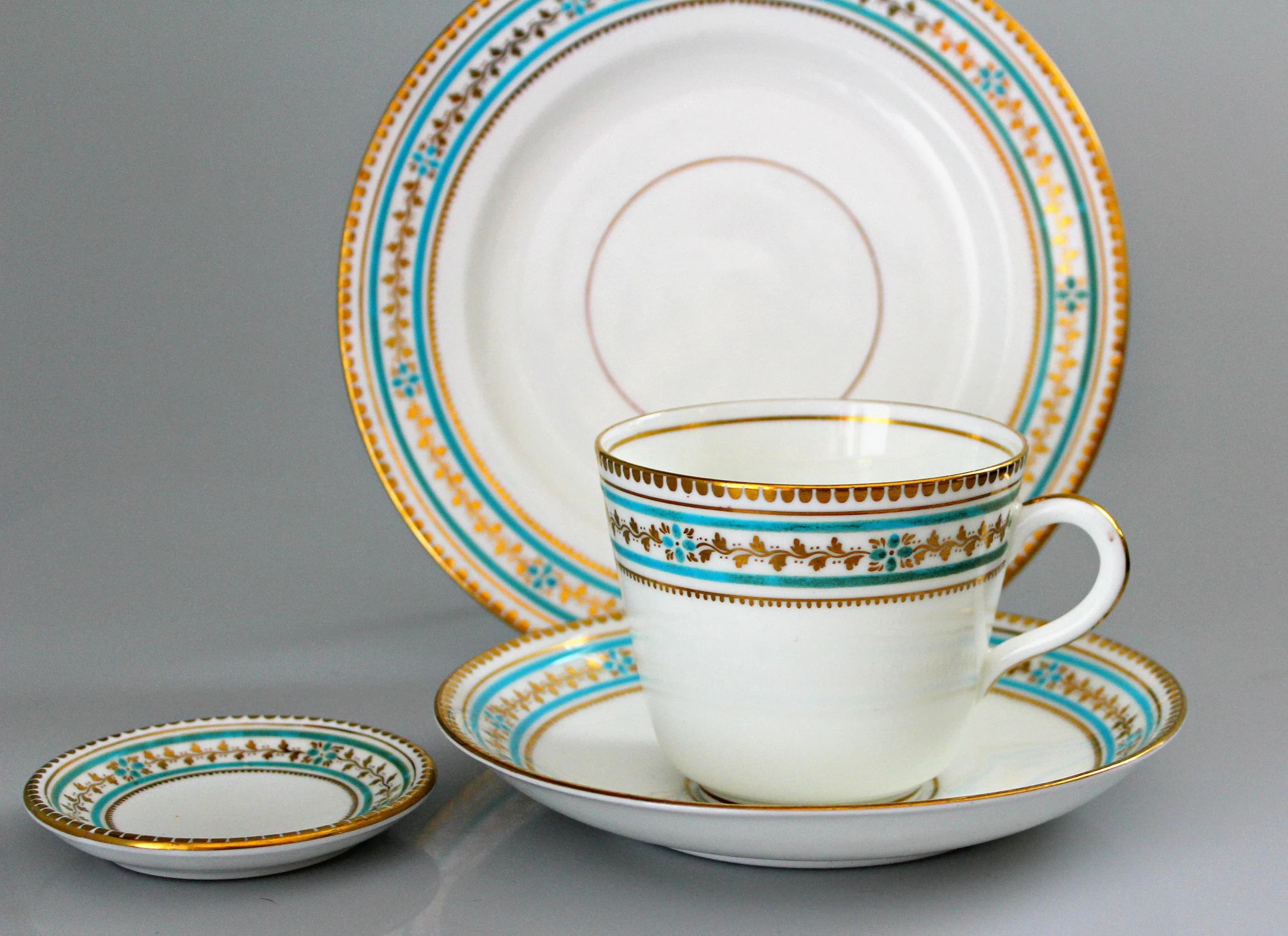 Antique Powell & Bishop Turquoise Gold Floral Breakfast Set Large Tea Cup Saucer Lunch Plate Butter Pat England Ca 1871 Hand Painted
