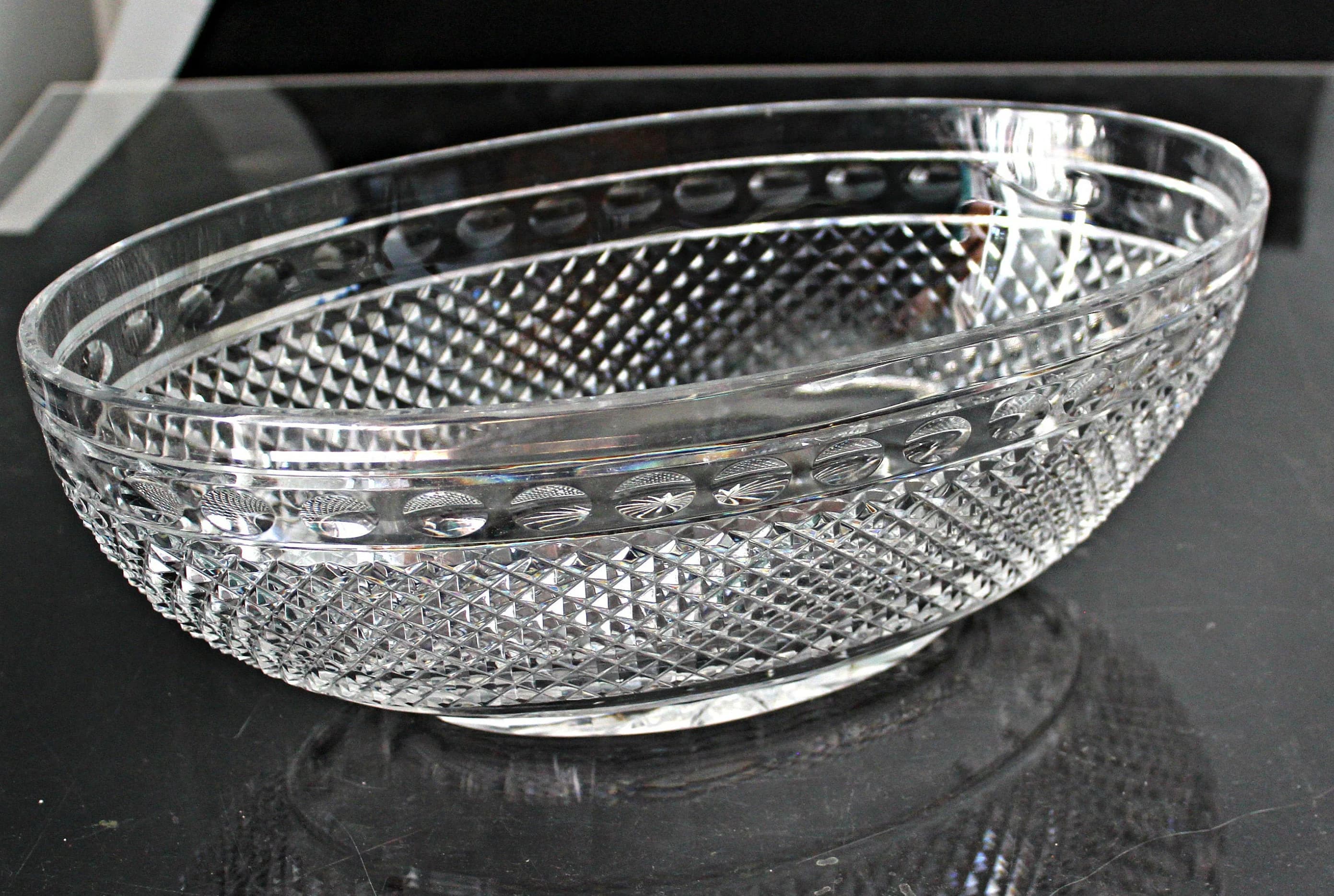 Large Crystal Boat Bowl  Ireland Cut Crisscross 13'' x 7.5''
