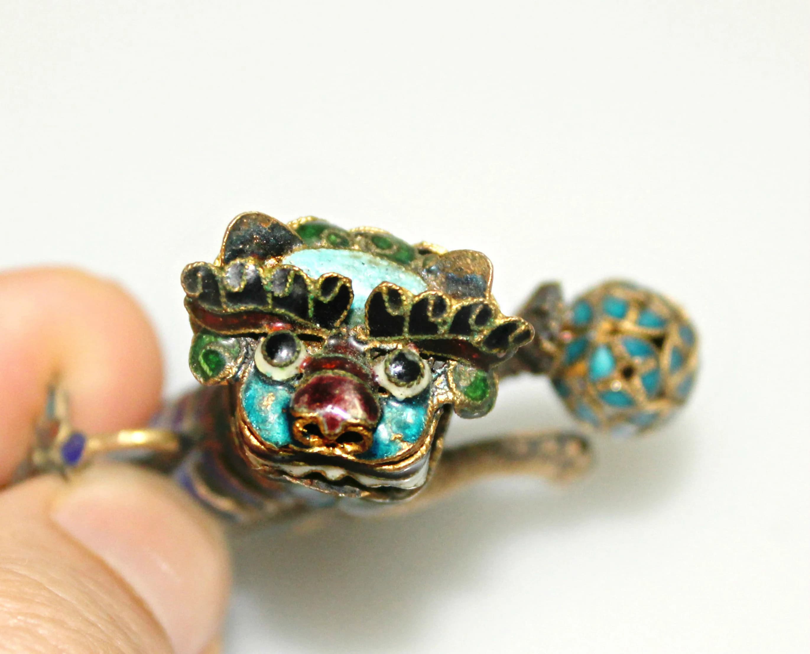 Old Chinese Guardian Lion Foo Dog Amulet Pendant Enamel on Metal Whimsical Jewelry 1.75'' L
